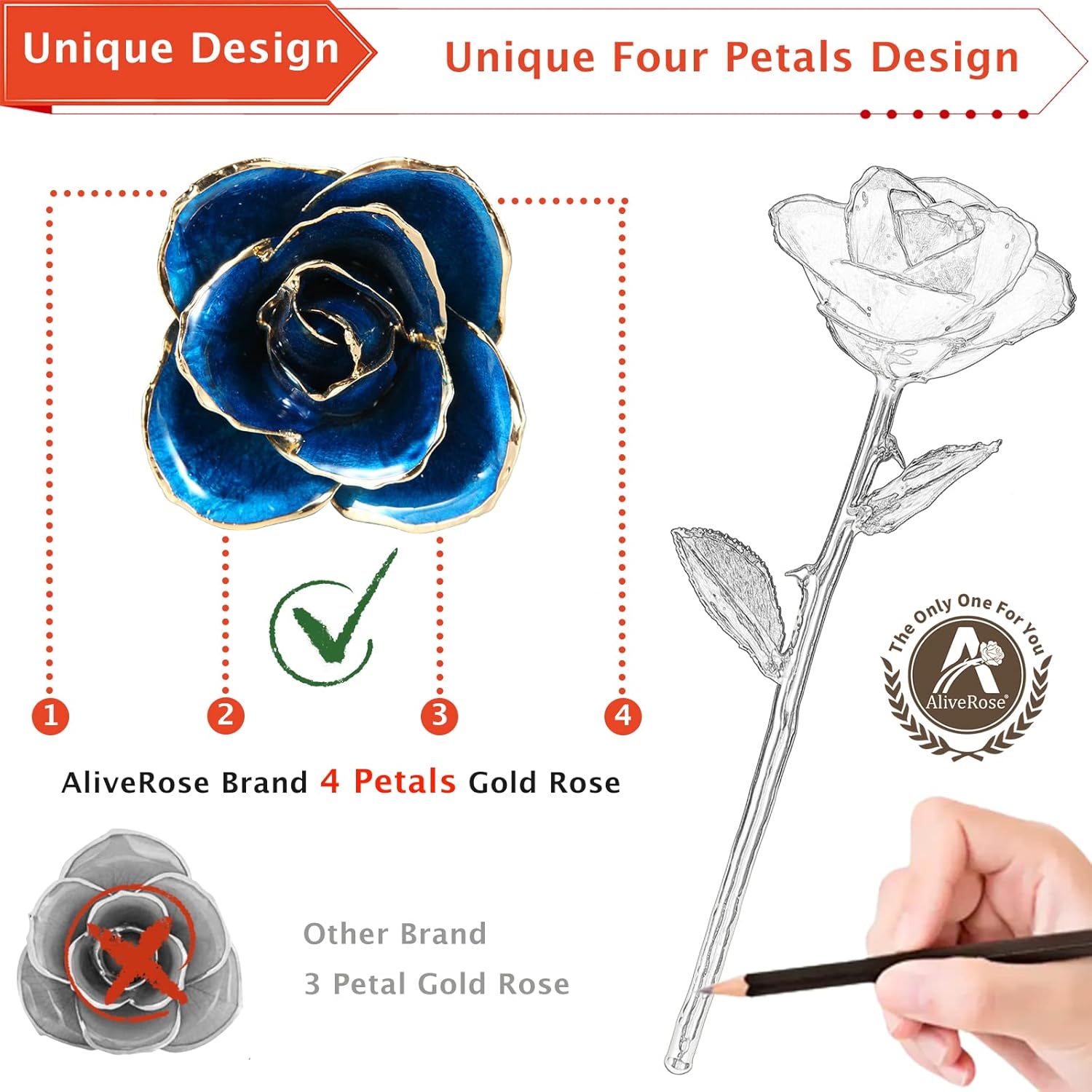 AliveRose 24k Gold Rose in Dipped,24k Gold Real Rose Gift for her, Long Stem Rose Made from Real Gold Rose for Anniversary Valentines Mothers Day Birthday (Deep Blue with Crystal Vase) - Image 2
