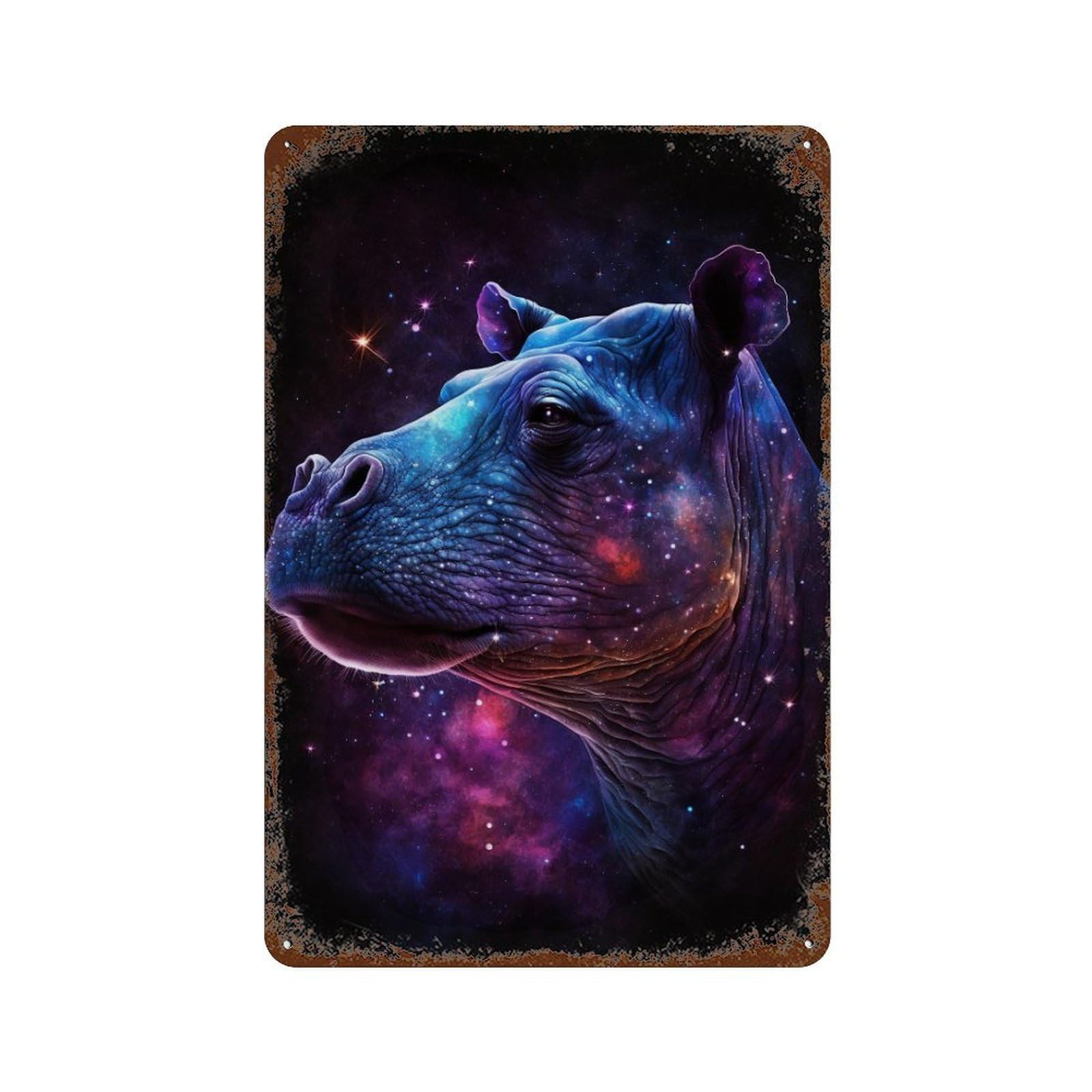 Cosmic Hippo Portrait-12 Weathered Tin Sign 11.8"x7.9", Rustic Home Decor for Office, Studio And Wall Decor