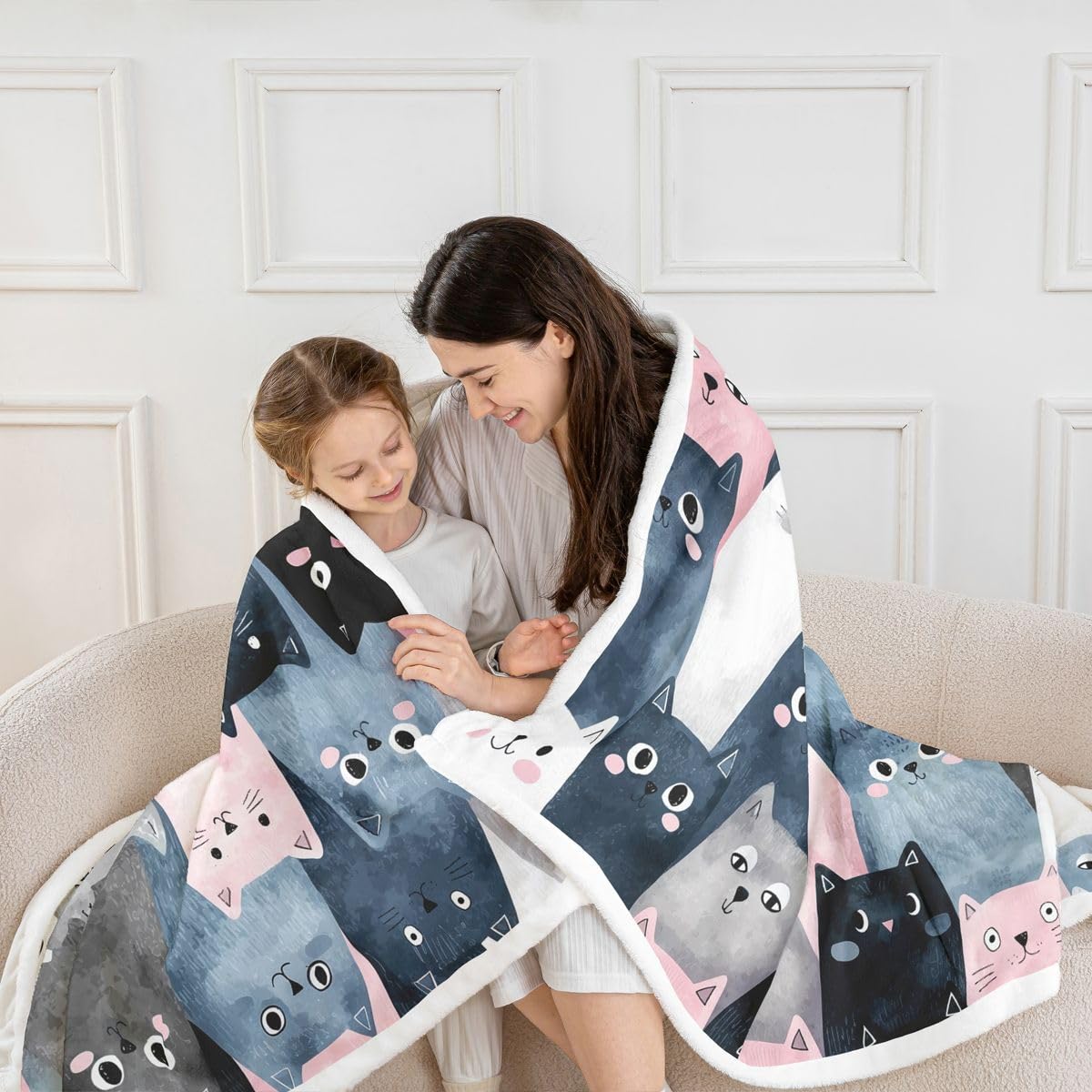 Loussiesd Kot Sherpa koc pluszowy puszysty uroczy kotek polarowy koc narzuta chłopcy dziewczęta kreskówka zwierzę na łóżko kanapę krzesło salon kawaii sypialnia dekoracja podwójna, 152 x 180 cm