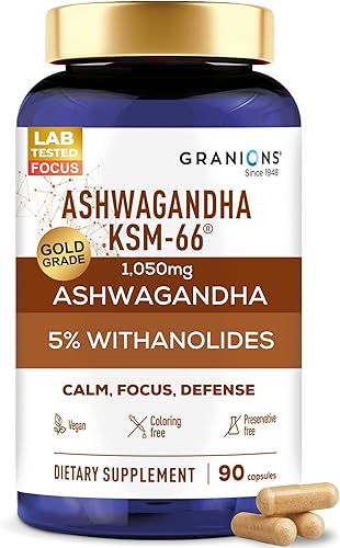 Granions KSM66 Ashwagandha Supplements - 1,050 mg, 5% Withanolides, píldoras de extracto de raíz KSM-66 clínicamente estudiadas - Soporte vegano