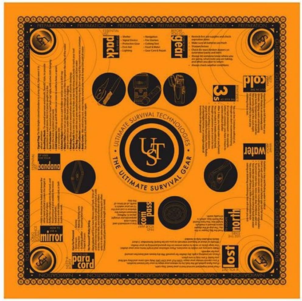 ustSurvival Bandana with Heavy Duty Construction, Easy to Read Tips and High Vis Orange for Backpacking, Camping, Hiking, Emergency and Outdoor Survival