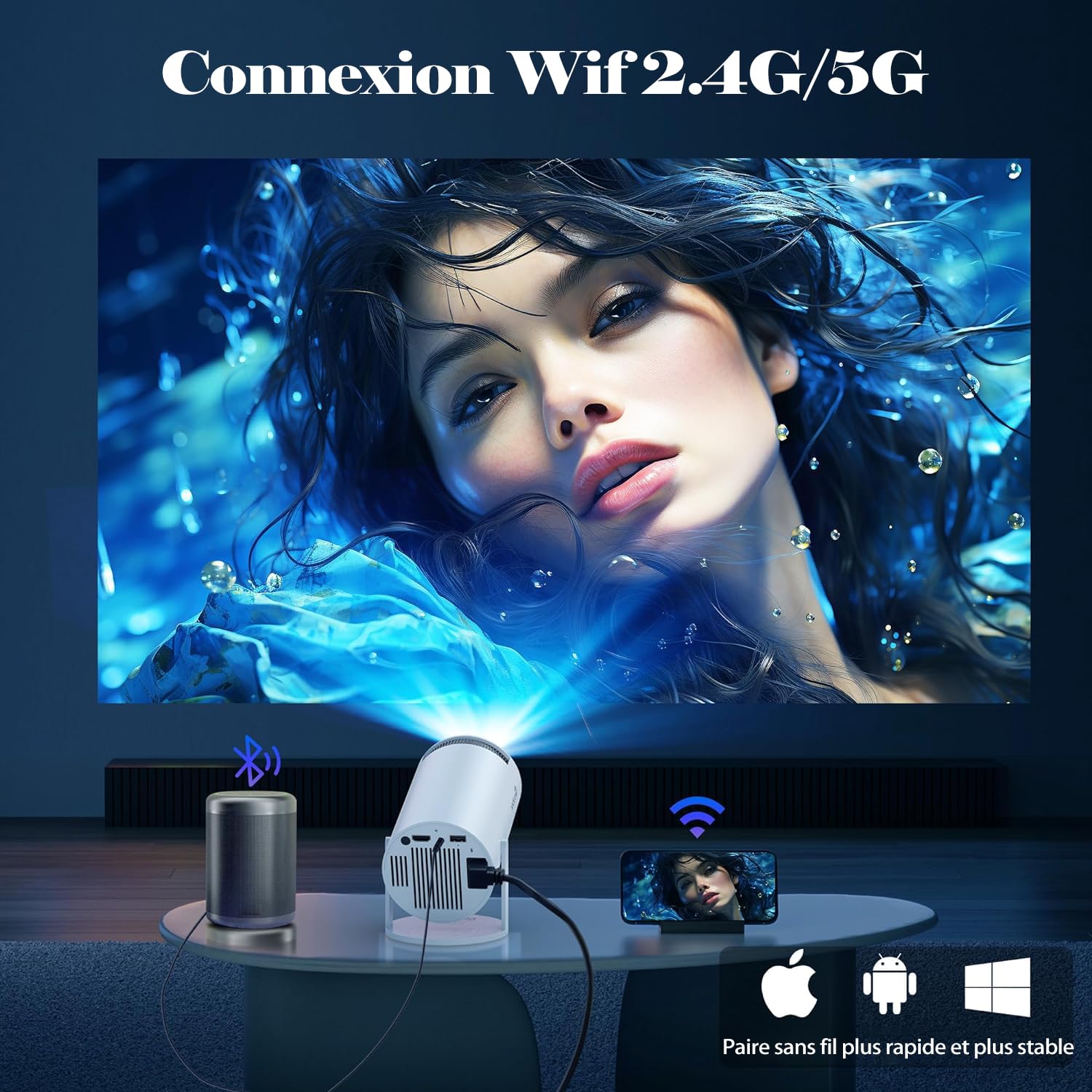Vidéoprojecteur 4K Mini Projecteur 1080 Projecteur Portable avec Rotation à 180° Rotation 100 » Projecteur de cinéma Correction Automatique de la Distorsion trapézoïdale