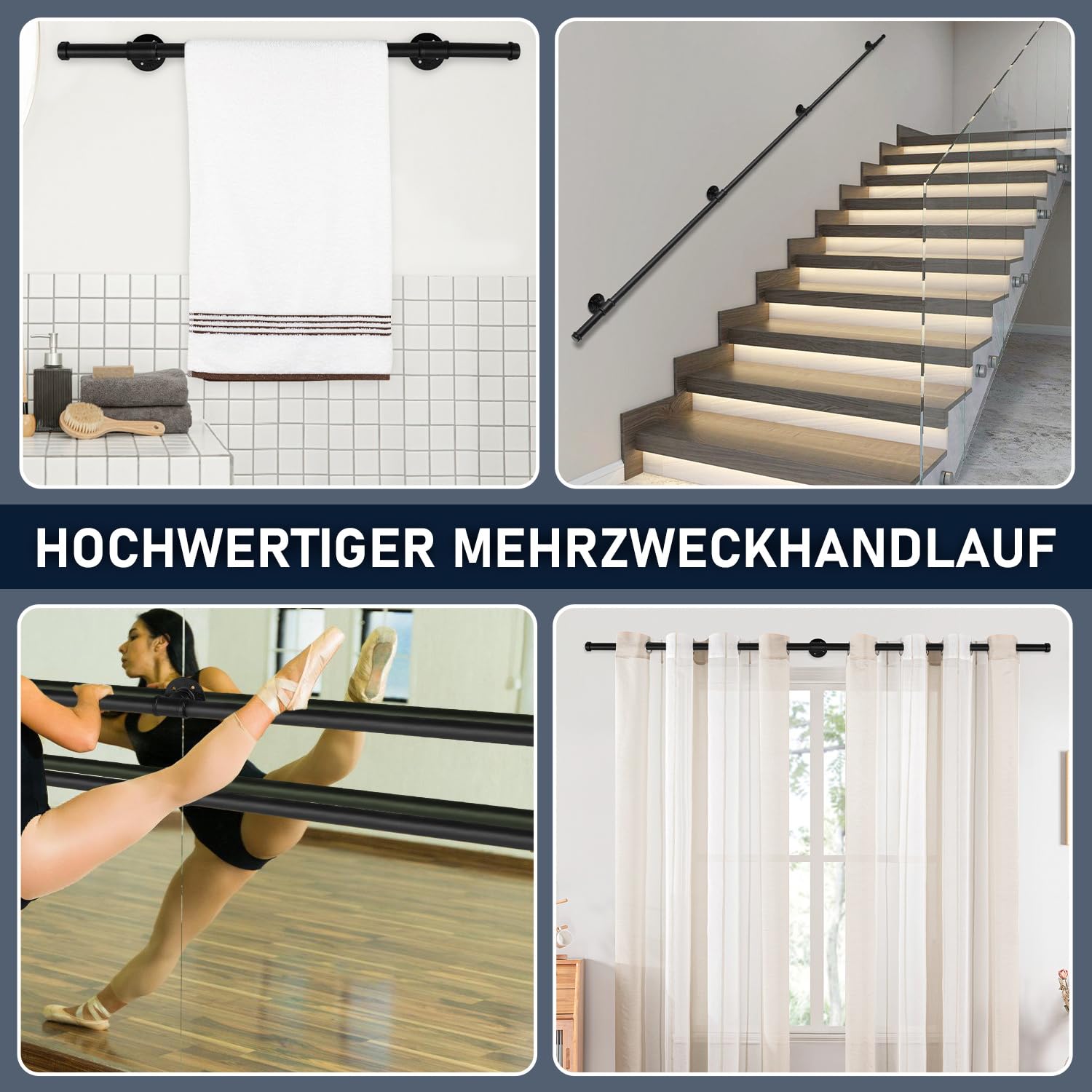 Handlauf Treppe 200 cm für Innen und Außen,Edelstahl,mit Wandhalterung