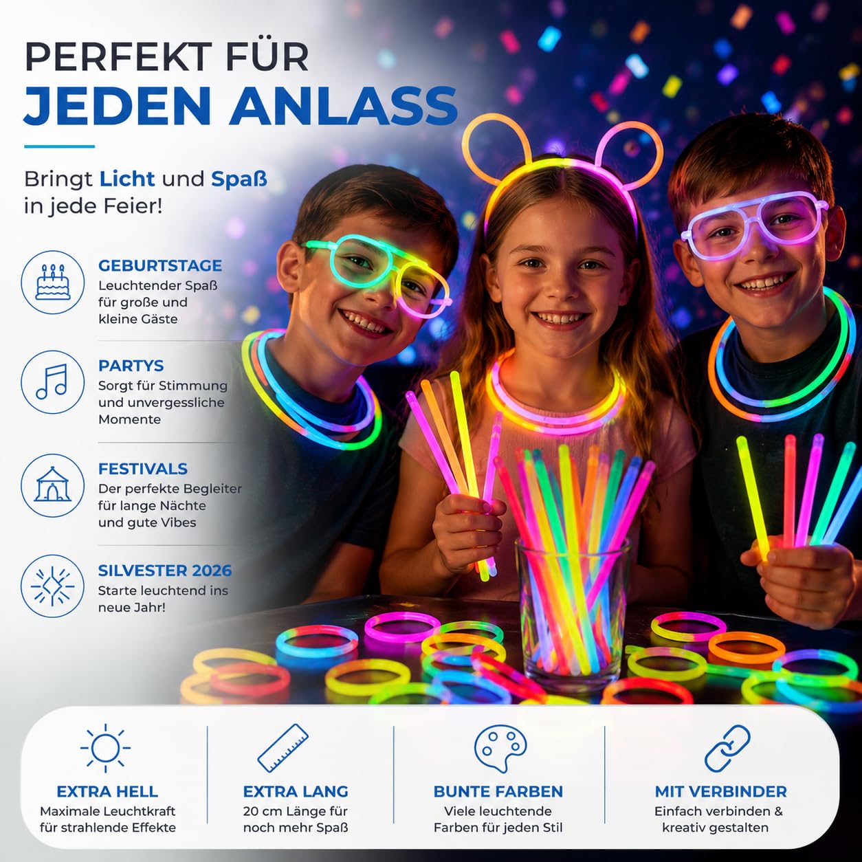 PYROHELD 1000x Knicklichter - Leuchtstab - extra Hell & Lang - in bunten Farben für Kindergeburtstag, Party, Silvester, Mitgebsel, Festival, Geburtstag - Glow Sticks mit Verbinder (1000)