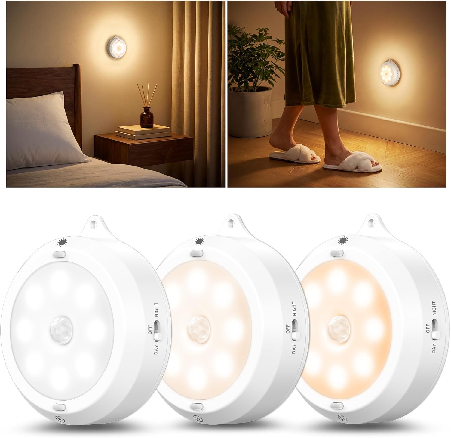 YiaMia Motion Sensor Under Cabinet Lights - 6 Pack, Indoor Smart Sensor Night Light, 3 × AA Battery Operated Wireless Stair Light, Dimmable Puck Lights Suitable for Kitchens, Wardrobes, Hallway