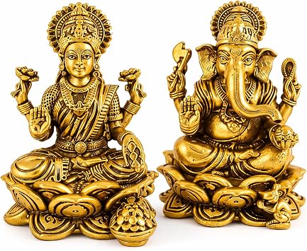 BEXCO Brass Lakshmi Ganesha Idol Set Height 1.5" Inch Approx..Laxmi Ganesh Statues for Office Desk, Small Hindu Deity Figurines for Daily Puja & Diwali Return Gifts Pair 1.5 inch A