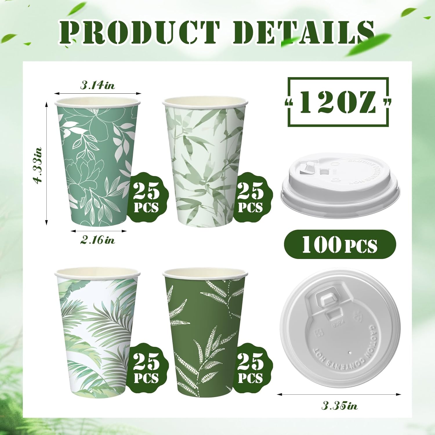 100 Pcs Greenery Disposable Coffee Cups with Lids 12oz Sage Green Themed Leaves Pattern Paper Cups Travel Coffee Mugs for Spring Summer Party Outdoor Picnic Wedding Restaurant Supplies - Image 2