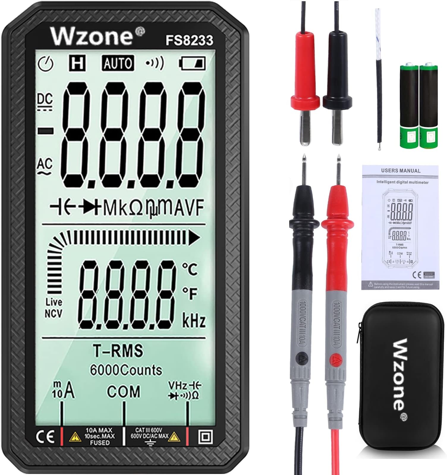 Multimeter Tester - Wzone Digital Multimeter 4.7in Full Screen Multi Volt Meter Auto-Ranging 6000 Counts TRMS Voltmeter Ammeter with NCV