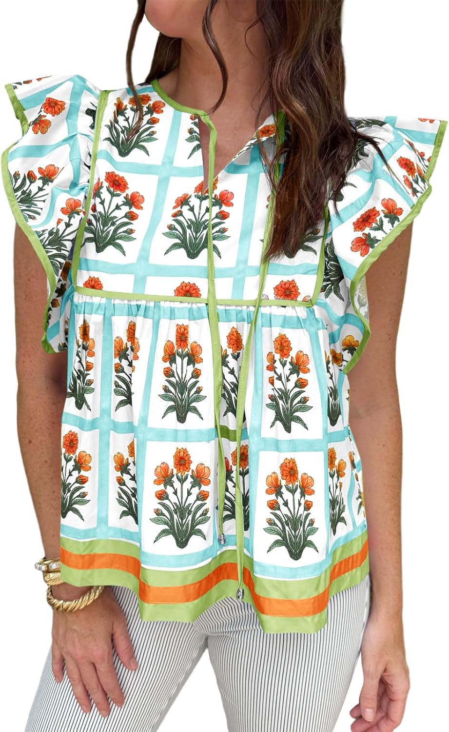 Cicy Bell Womens Floral Peplum Babydoll Tops Ruffle Cap Sleeve V Neck Blouses Summer Casual Boho Flowy Shirts