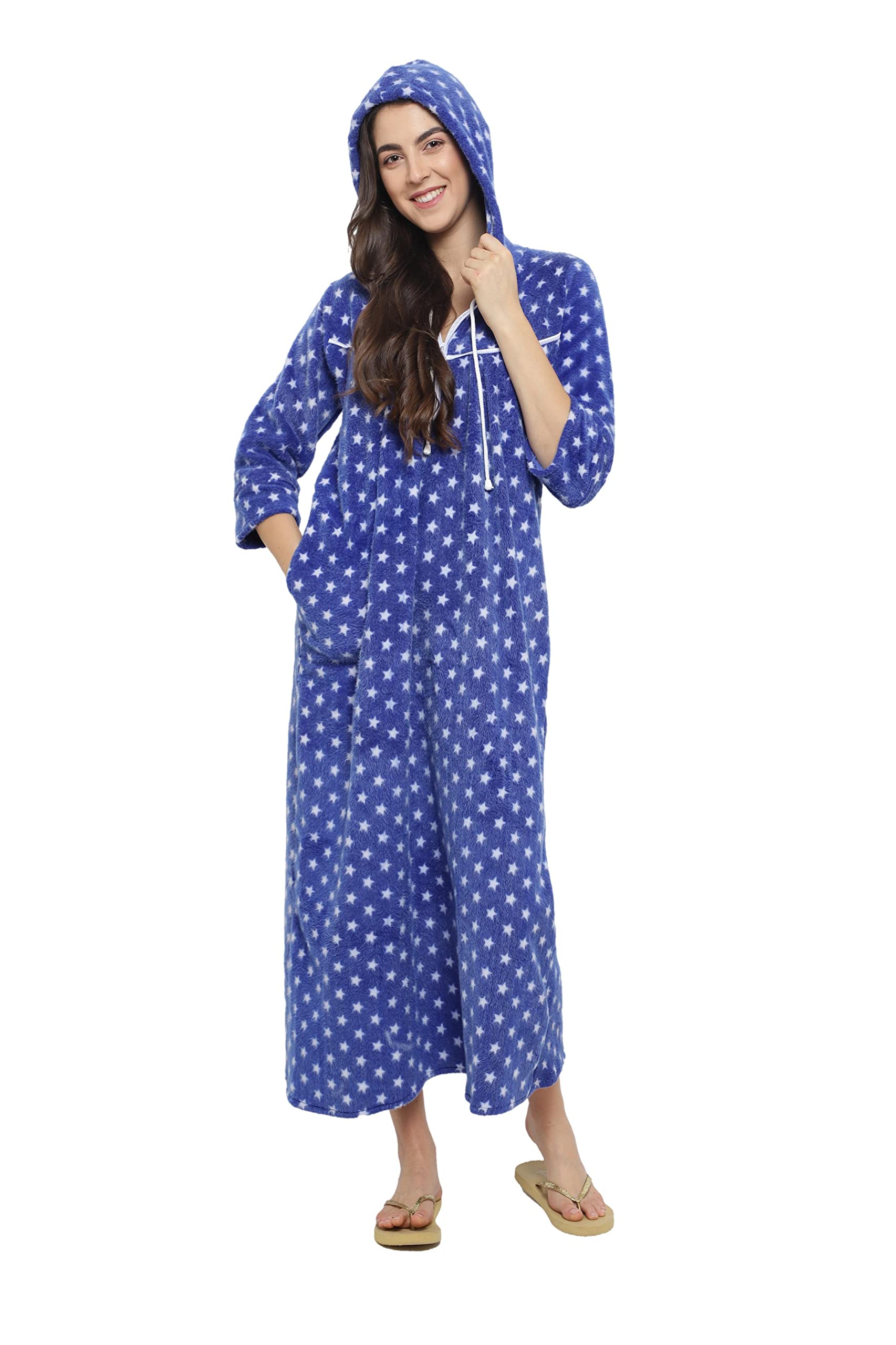 CIERGE Women's Wool Solid Maxi Hoodie Nighty (CIERGE-HOODIE_Blue_Free Size)