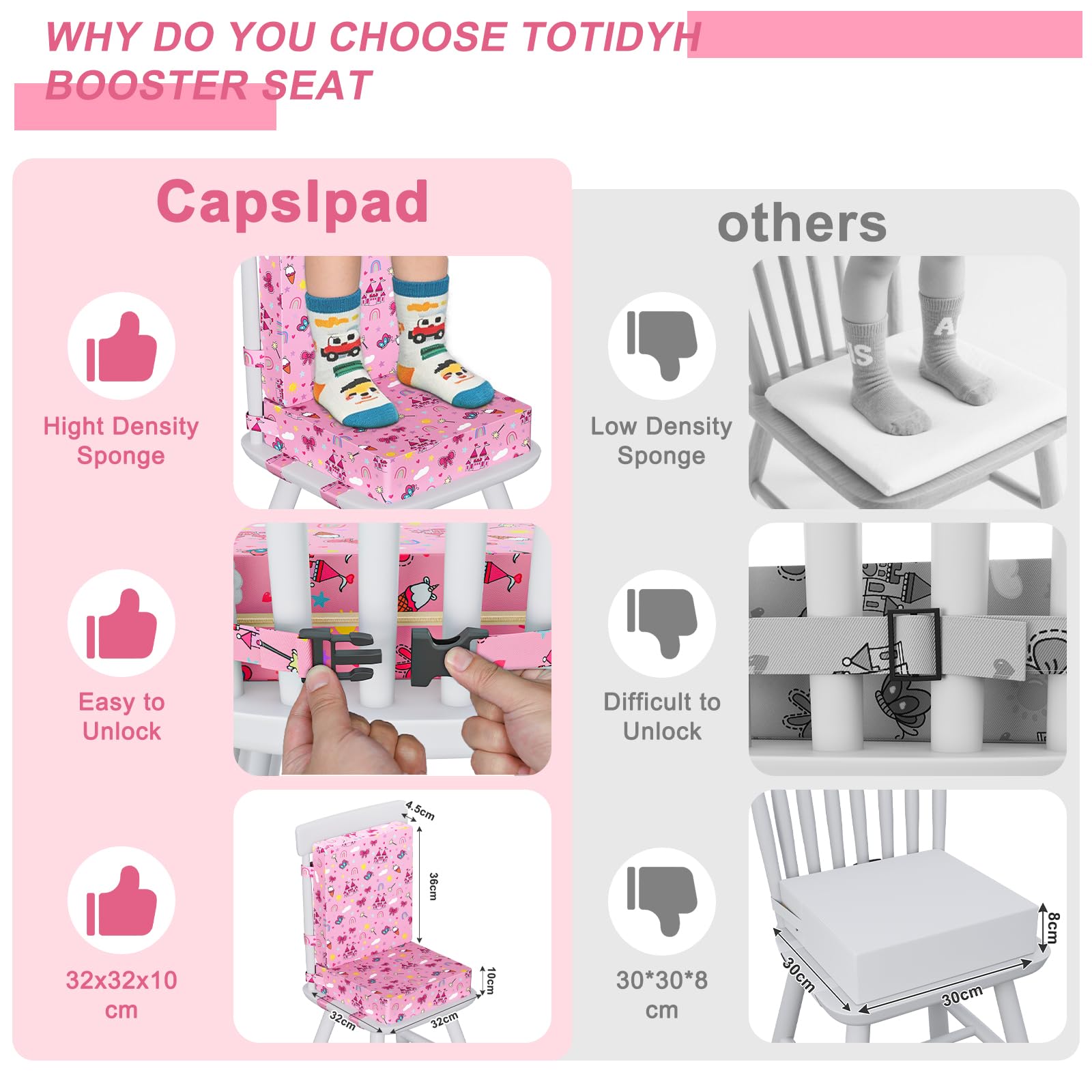 Capslpad Coussin rehausseur pour table à manger avec dossier, fond antidérapant et ceinture de sécurité réglable, imperméable, 10 cm d'épaisseur, motif dessin animé, amovible, lavable, portable - Rose