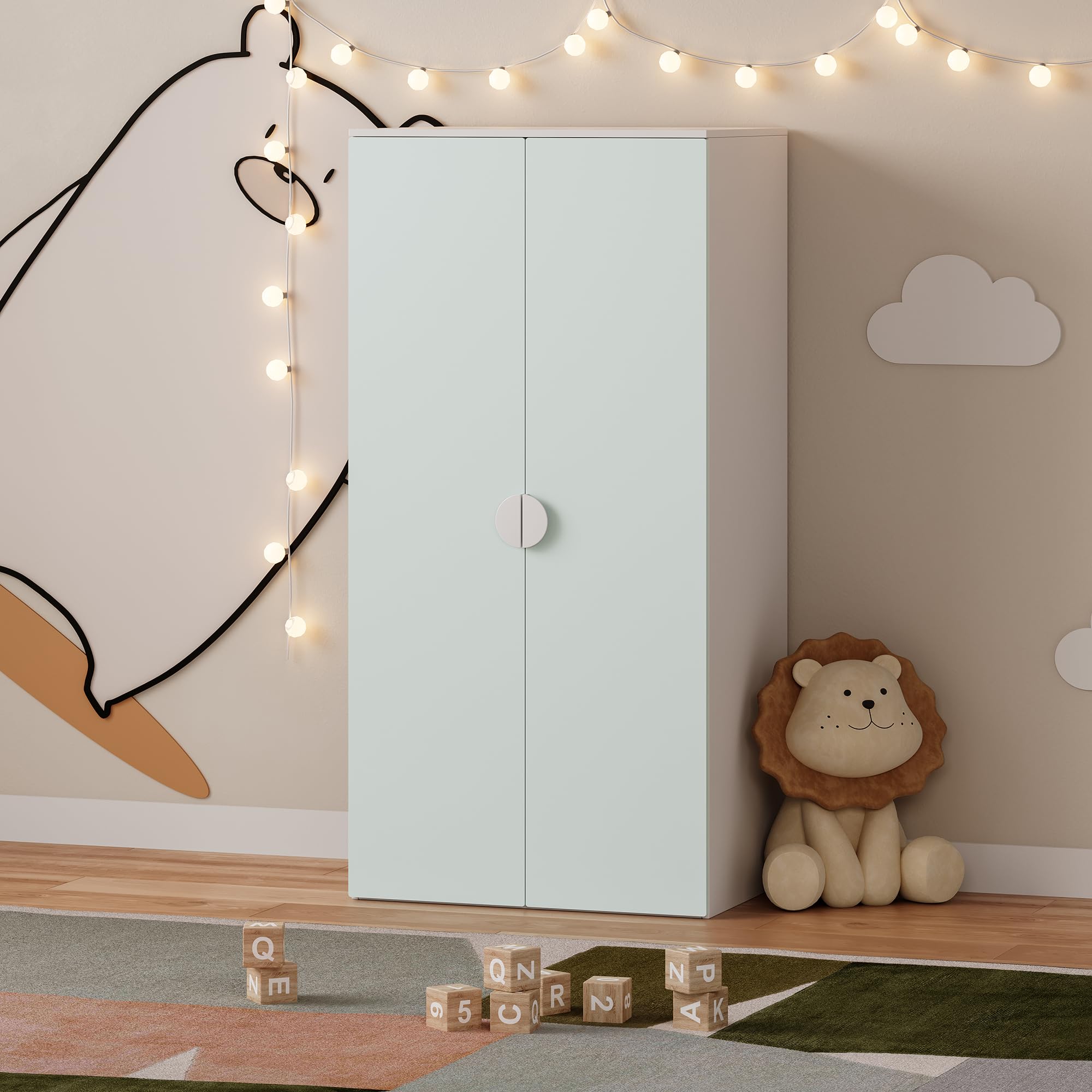 en.casa Sandnes Kinderkleiderschrank – 123 x 60 x 40 cm, 2 Türen, Weiß/Mintgrün