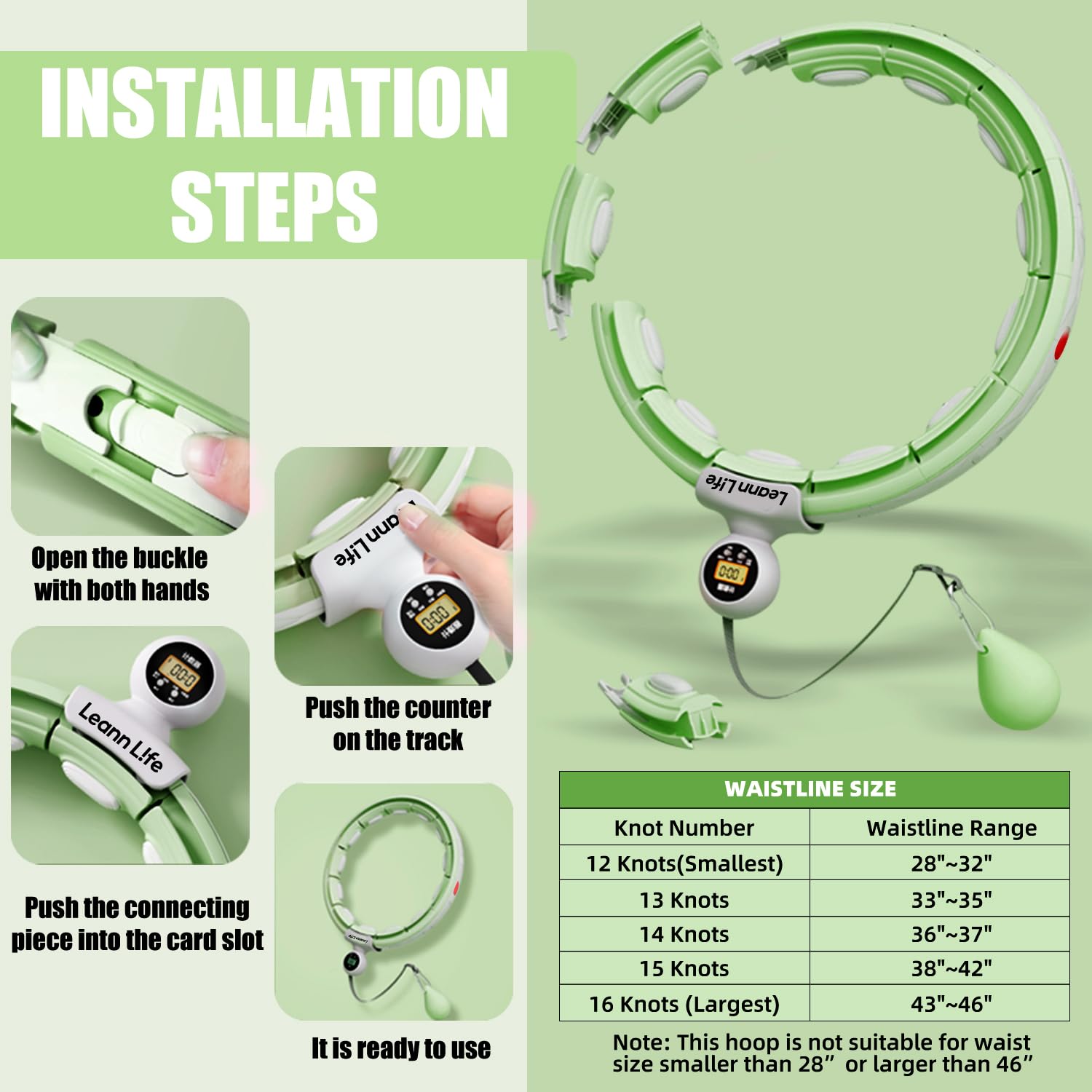 U5-16 nodi con contatore, U5 Silent Smart ponderato Hula Hoop per adulti perdita di peso Infinity Hoop Plus Size, esercizio fitness a casa all'aperto, tonificante addominale, (verde vita