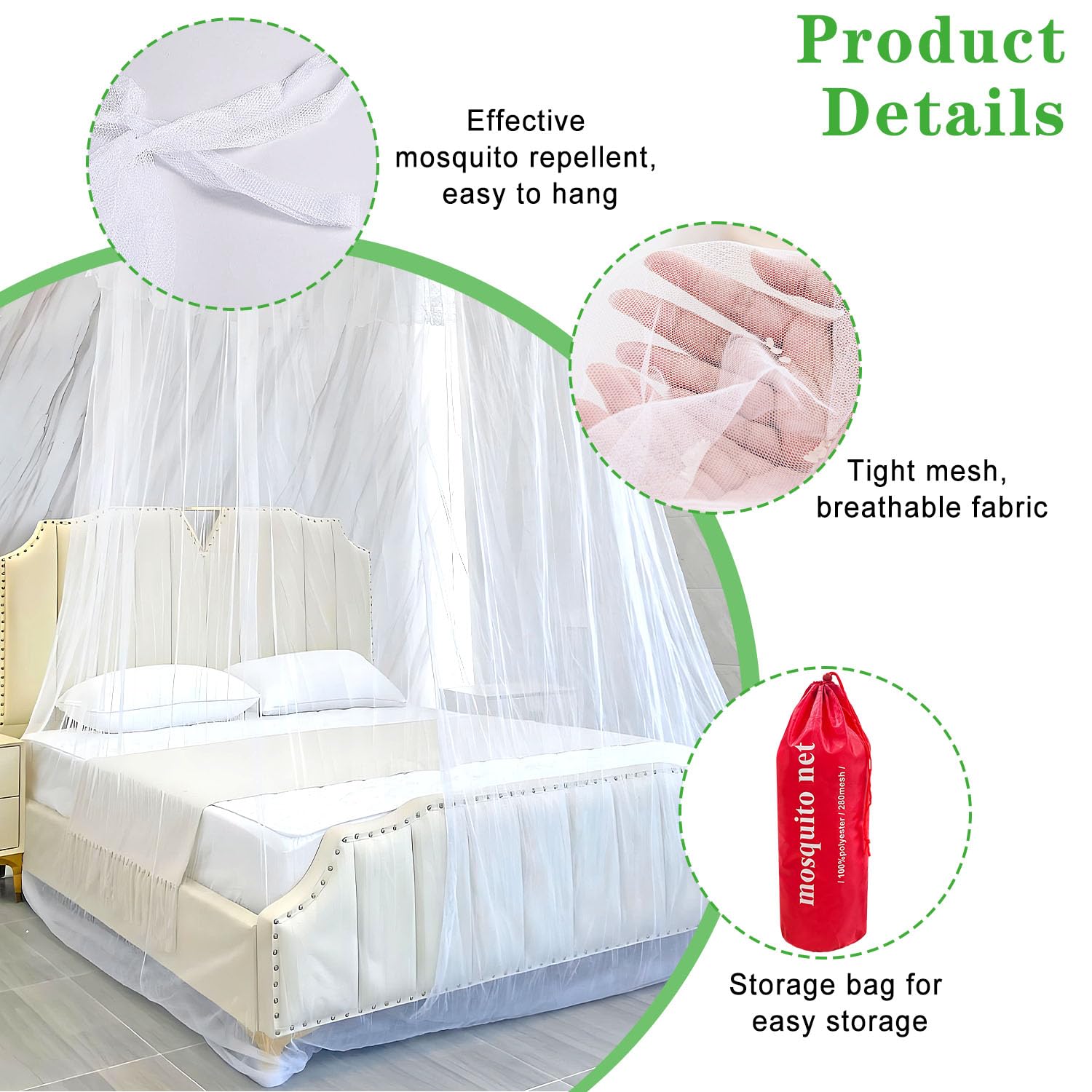 Zanzariera Da Letto Matrimoniale 200x200x180 Cm - Bianca, Per Interni Ed Esterni, Leggera E Portatile