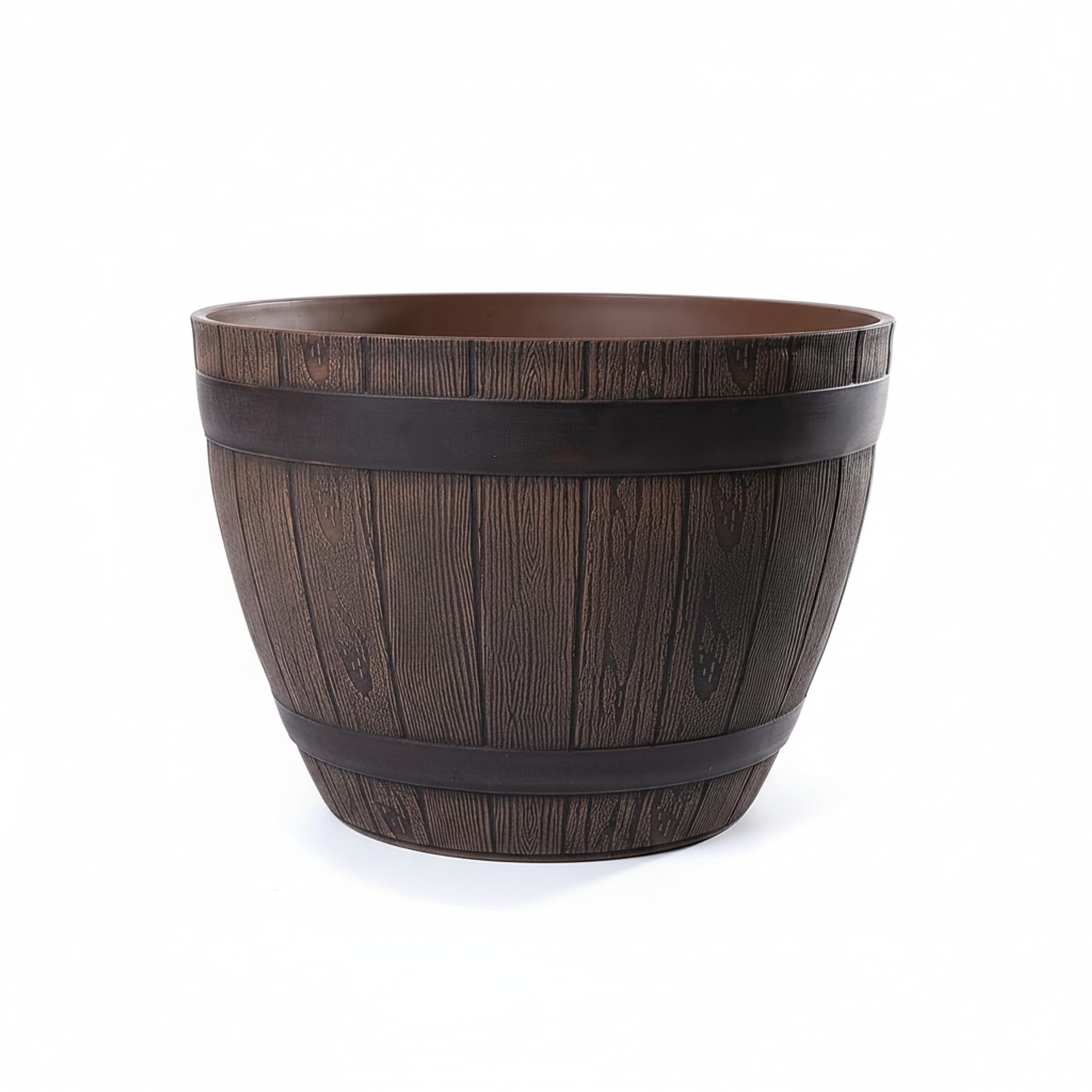 Pot de Fleur Extérieur en Plastique Imitation Bois – Design Tonneau – Ø38 cm – Léger, Résistant Gel & UV, Décoration Jardin & Balcon – Couleur Châtaigne