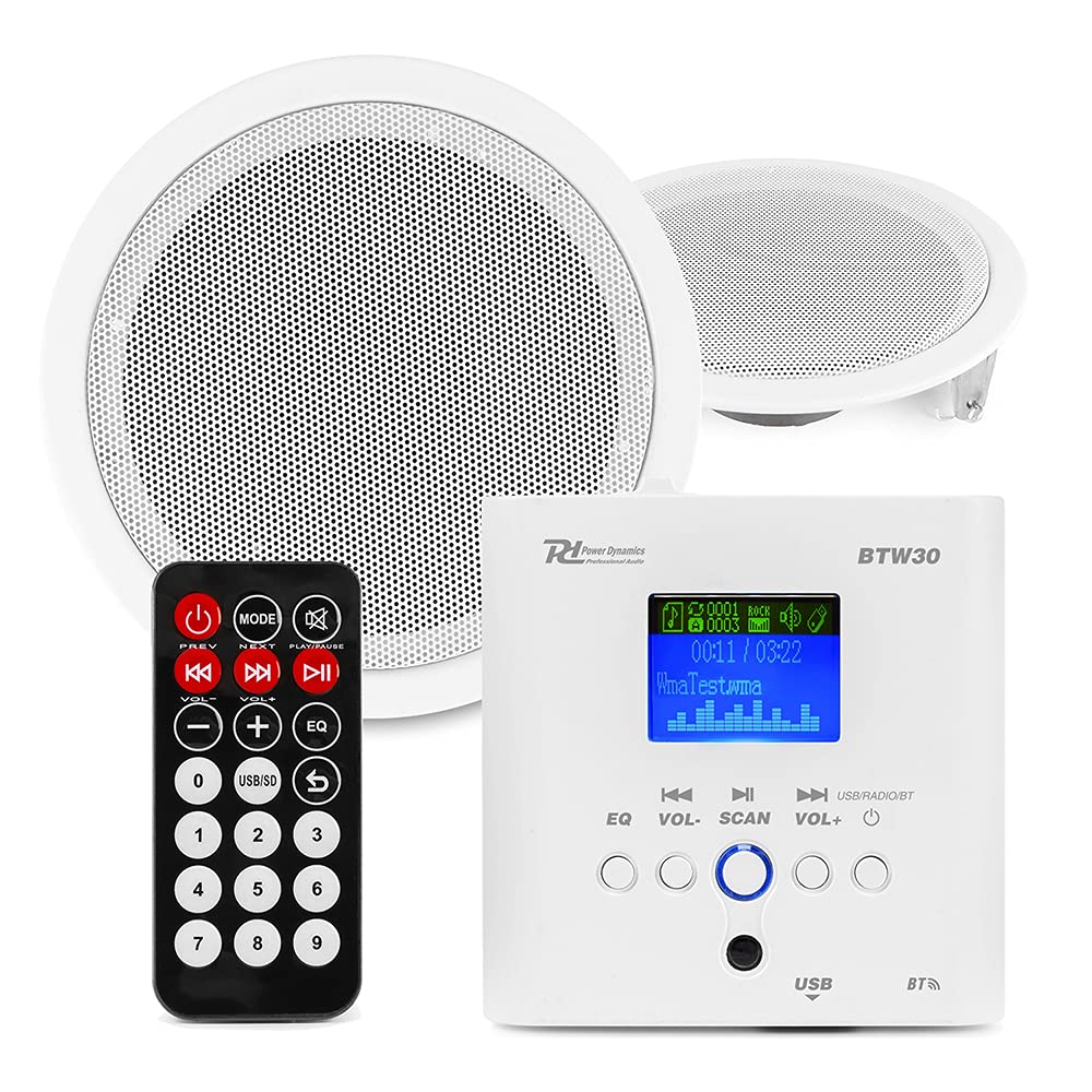 Power Dynamics BTW30SET - Système Audio Mural avec Deux Enceintes de Plafond 5", Cable de 5 Mètres, 15 Watts, Blanc, Diamètre de Montage 135 mm, Installation Facile, Tuner FM et Port USB