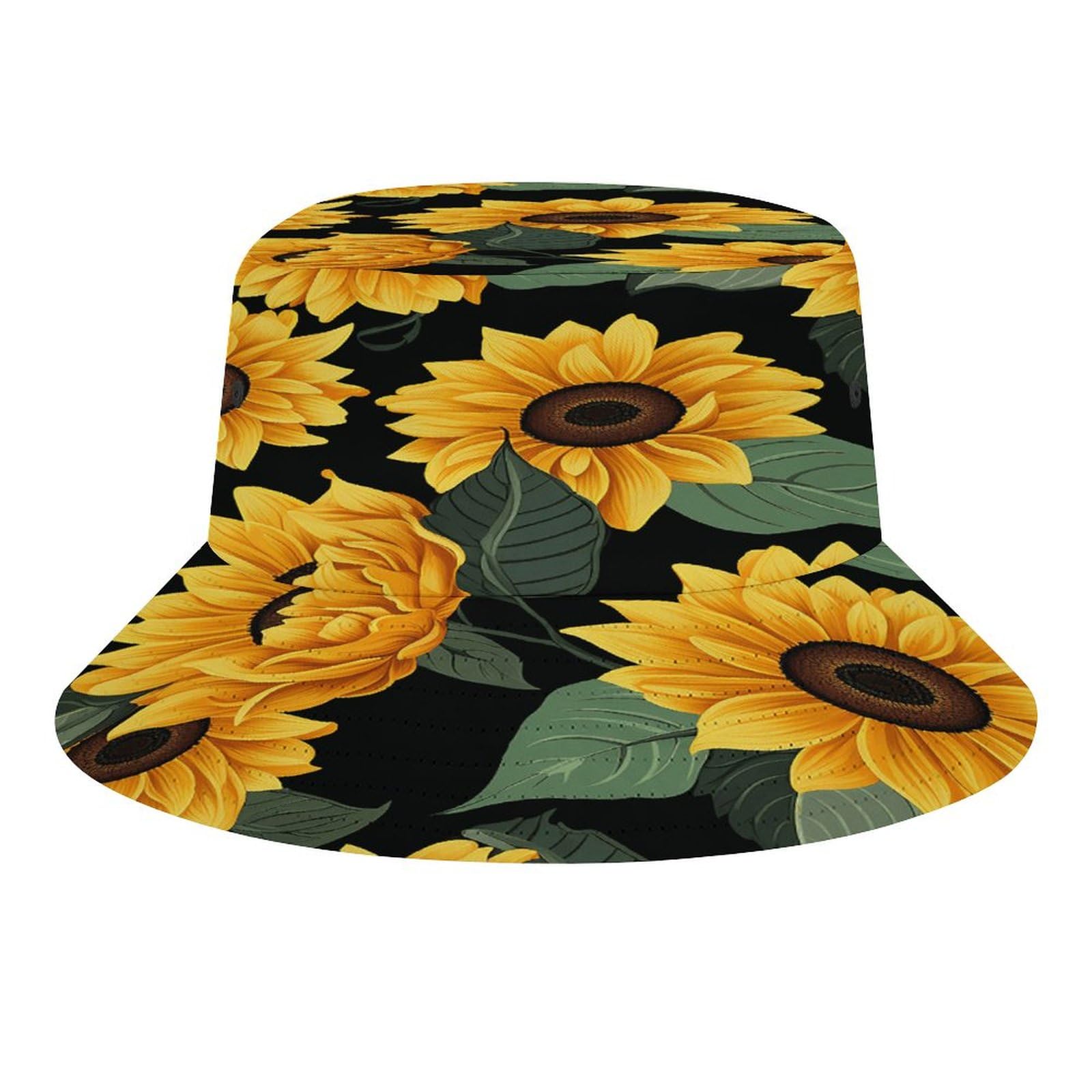 Sunflower Pattern Sun Hats Wide Brim Bucket Hat UV Protection Hat for Fishing Hiking Beach Garden Black