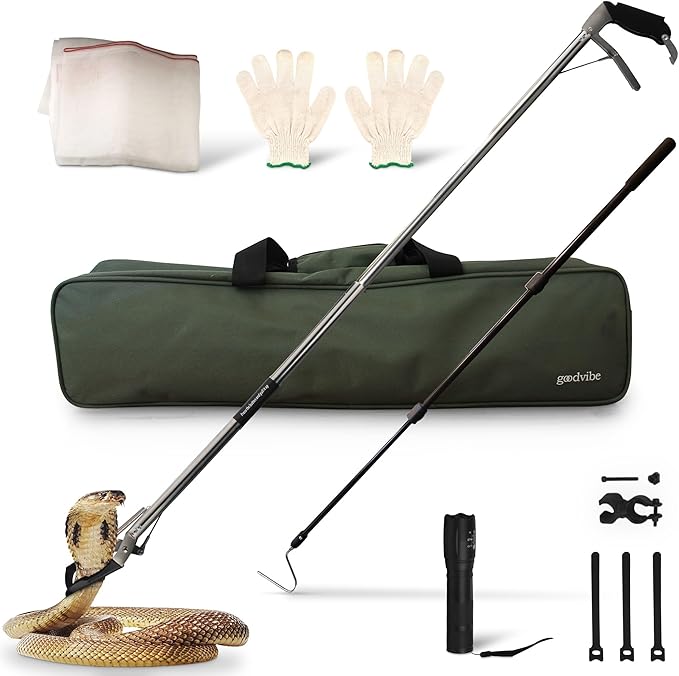 goodvibe Snake Grabber Tool Kit – 6 Piece Set 47" Tool Heavy Duty Snake Tongs Long Grabber Hook Gloves Flashlight & Waterproof Bag Snake Handling Tools with Long Grabber for Snake Catching