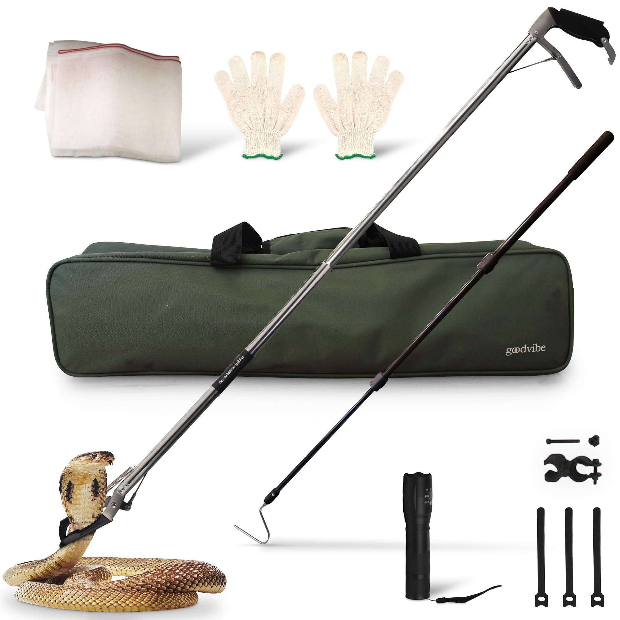 goodvibe Snake Grabber Tool Kit – 6 Piece Set 47" Tool Heavy Duty Snake Tongs Long Grabber Hook Gloves Flashlight &amp; Waterproof Bag Snake Handling Tools with Long Grabber for Snake Catching