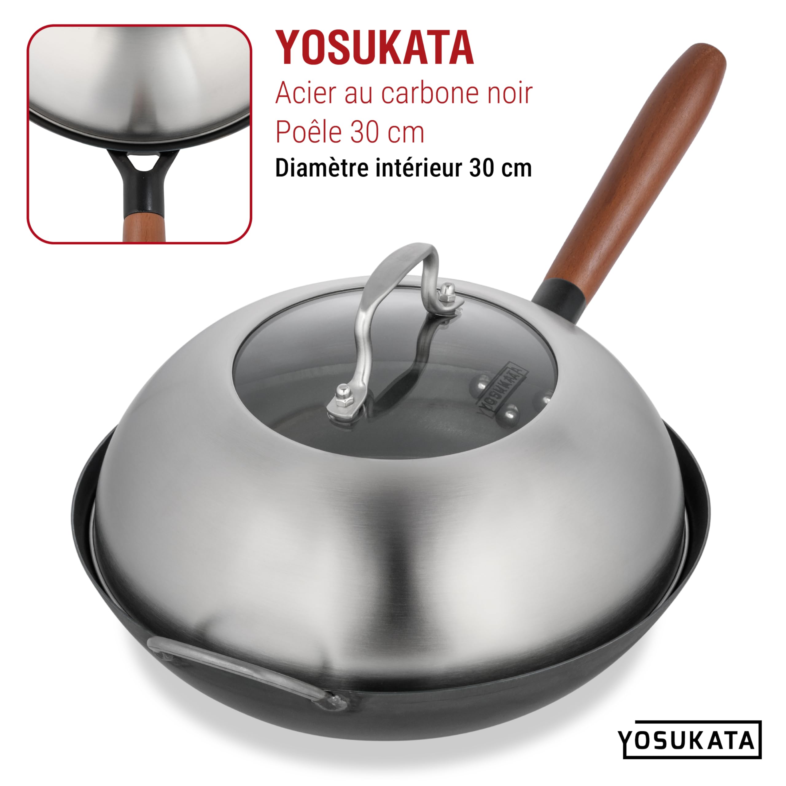YOSUKATA Couvercle de Poêle Wok en Acier 29 cm Pour Wok de 30 cm - Сloche Plancha Avec Verre Trempé, Trous de Vapeur et Poignée Ergonomique - Cloche à Barbecue et Burger – Accessoires de Сuisin