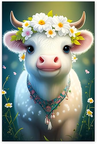 Miniatura 1 de VUEDJRO Bonita pintura de diamante de vaca con flores, kit de pintura de diamante redondo completo 5D, regalo de arte clásico, ideal para decoración