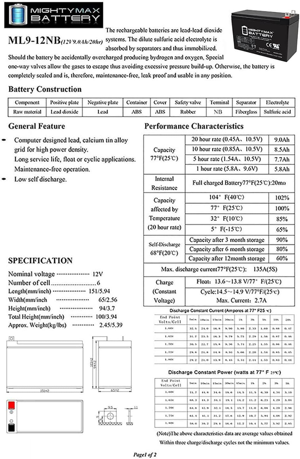 ML9-12NB -12 Volt 9 AH, Nut and Bolt (NB) Terminal, Rechargeable SLA AGM Battery