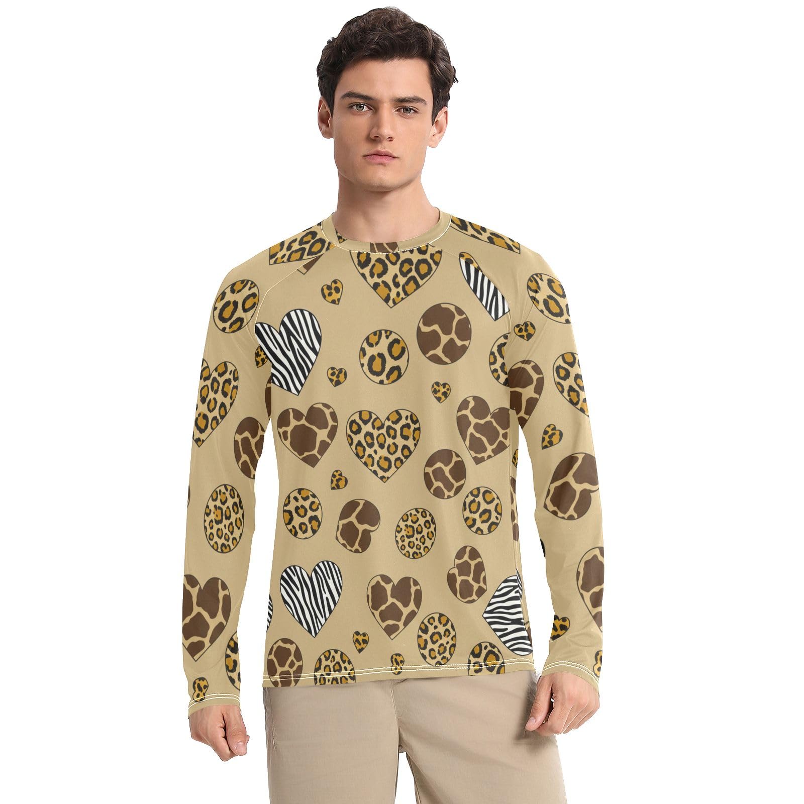 UPF 50+ Men's Rash Guard Quick Dry Long Sleeve Beach T-Shirts UV Sun Protection Sun Shirts, Animal Print Hearts Zebra Brown, XX-Large