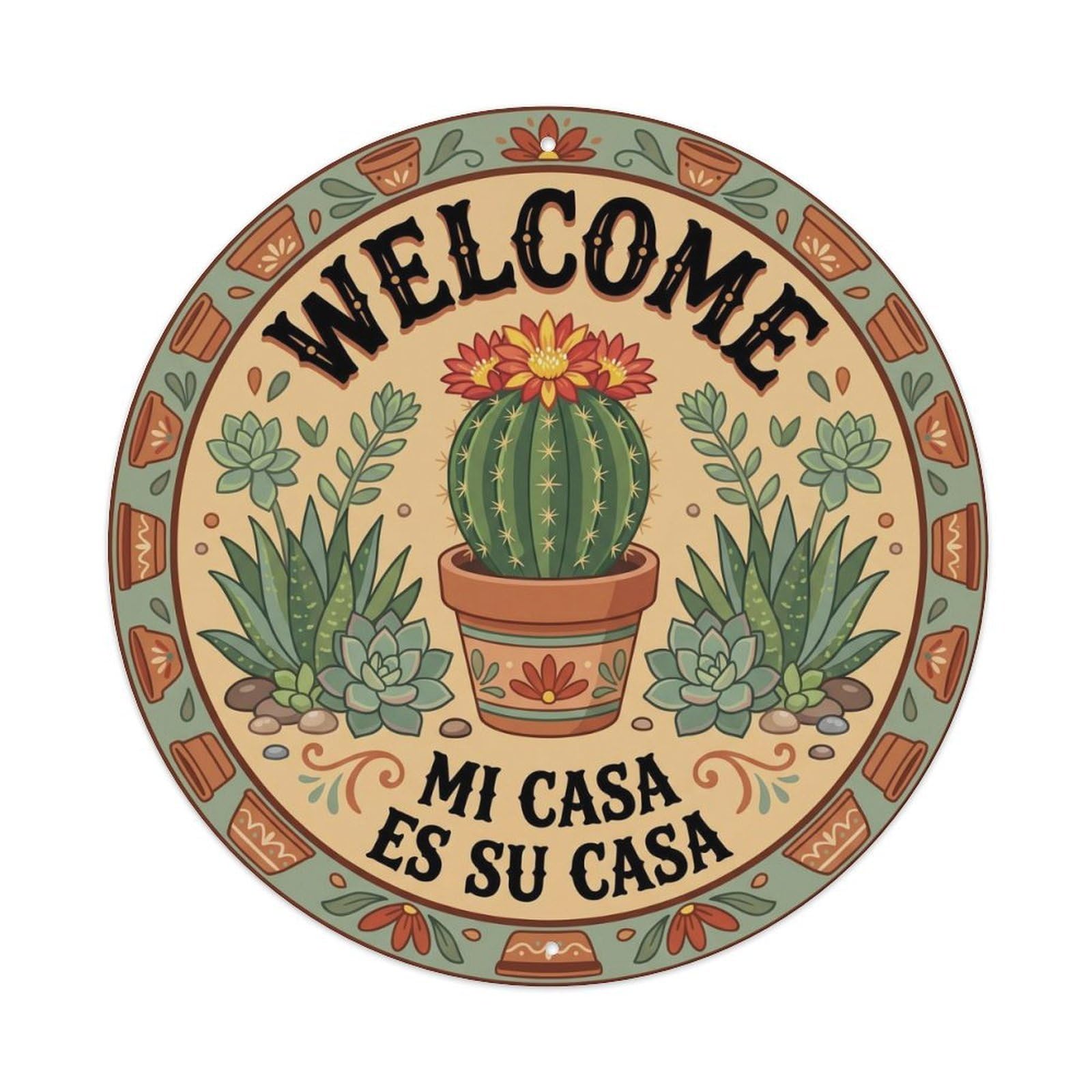 Welcome Balcony Hanging Metal Tin Sign Plaque Wall Decor for Cafe, Club, Garden Round Metal Poster 8x8Inch