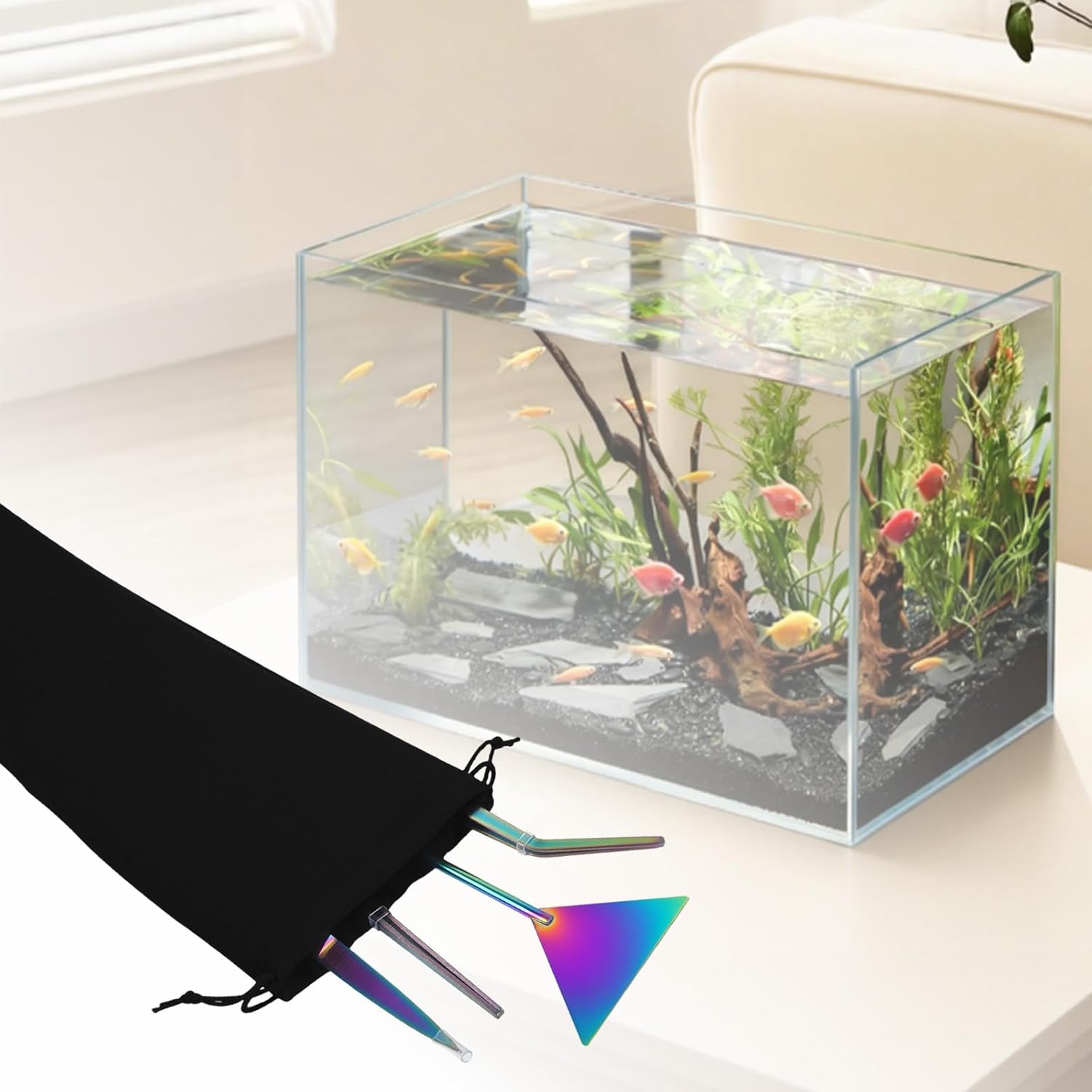 15Inch Extra Long Design Aquarium Aquascaping Tool Stainless Steel Aquascape Tool Kit 4 in 1 Anti-Rust Fish Tank Starter Kit with Long Tweezers Scissors Spatula for Aquarium Plants (Colorful)