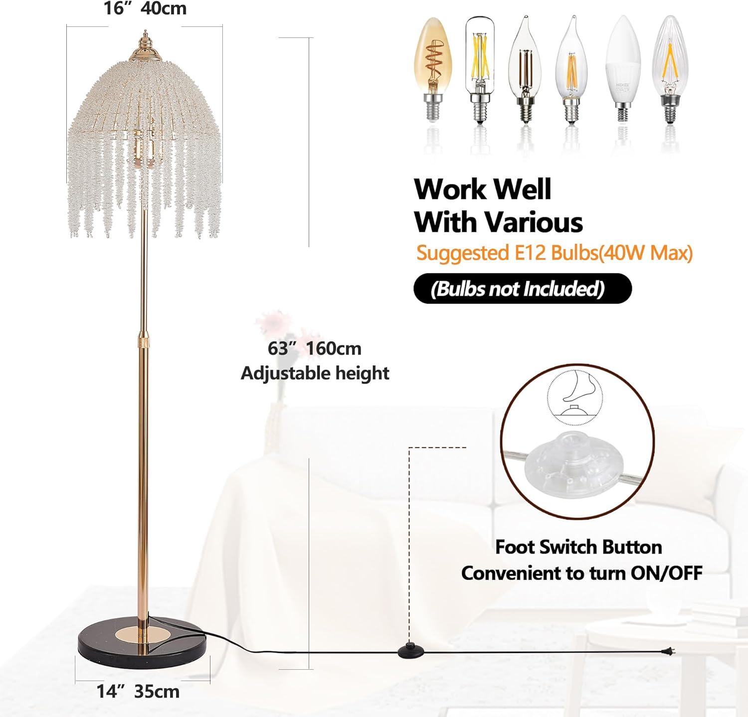Modern Crystals Standing Lamps,16 Inch Gold Crystal Floor Lamp, Vintage Style Floor Standing Lamp Pendant Crystal Shade for Bedroom Living Room