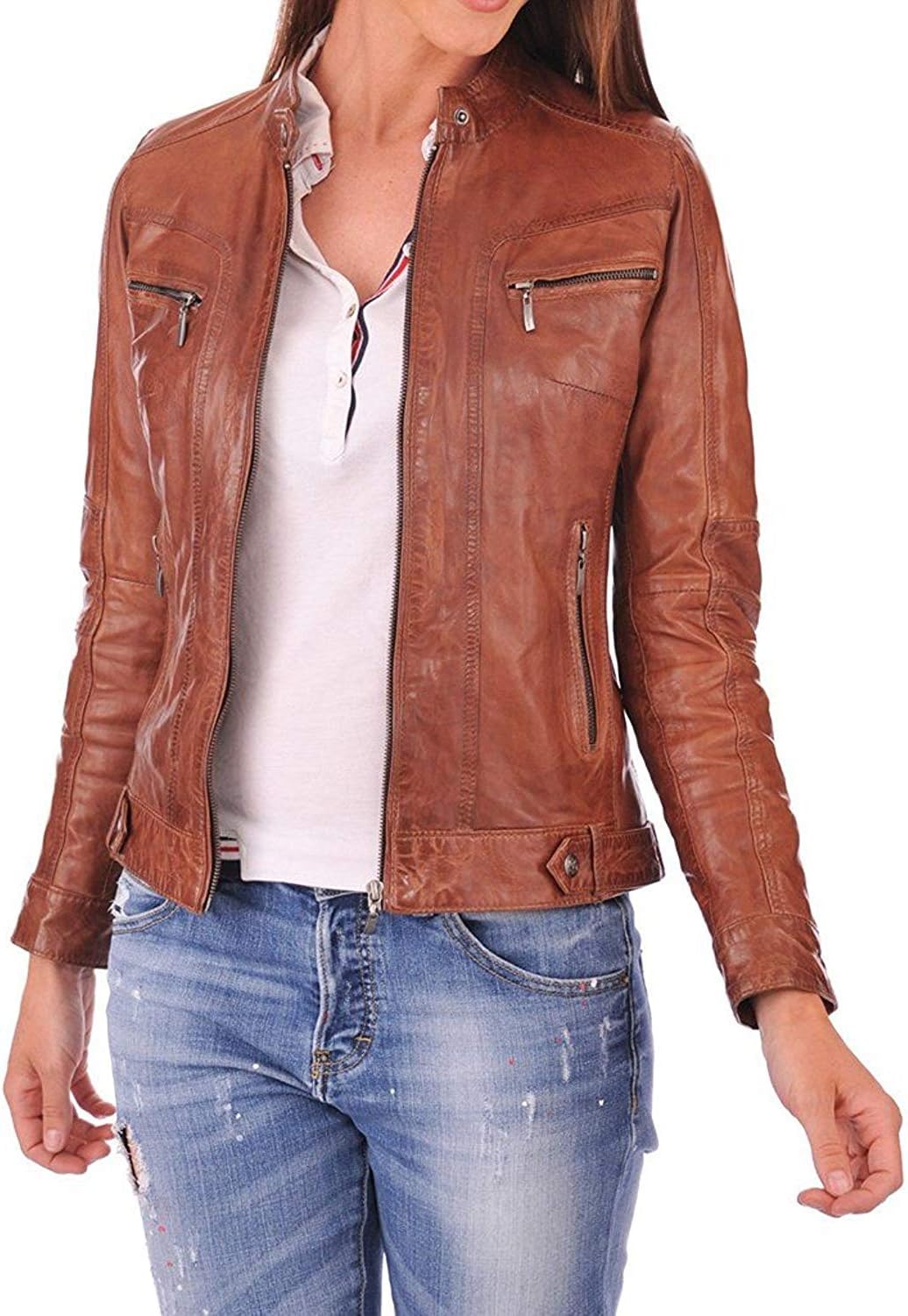 Azrah Women's Lambskin Leather Biker Jacket Quilted Slim Fit Round Collar Winter Riding Jacket