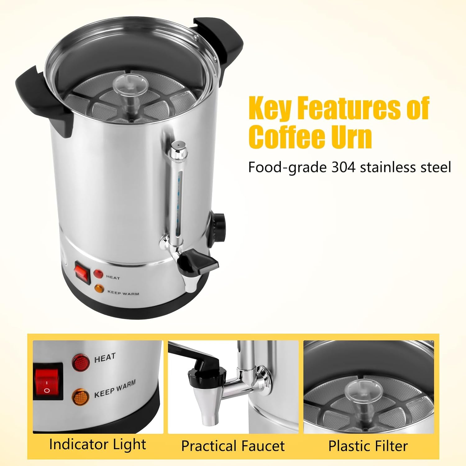 Commercial Coffee Urn, 50 Cup/8L Coffee Dispenser with Coffee Percolator, 1000W Stainless Steel Hot Water Urn Beverage Dispenser Percolator Coffee Pot for Home, Party, Office, Wedding
