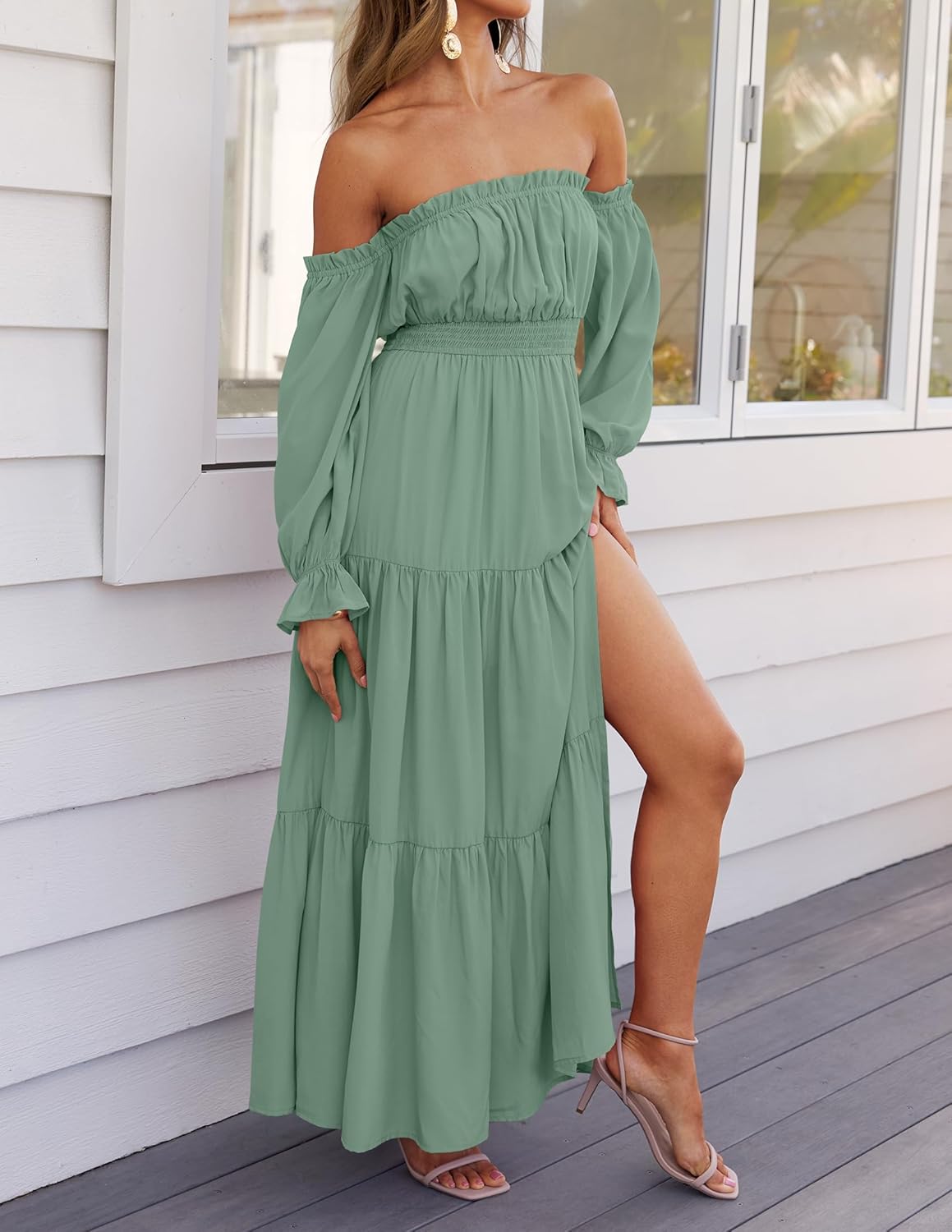 ZESICA Women's Boho Off Shoulder Spring Long Sleeve Dress 2026 High Waist Side Split Sexy Flowy A Line Long Maxi Dresses - Image 7