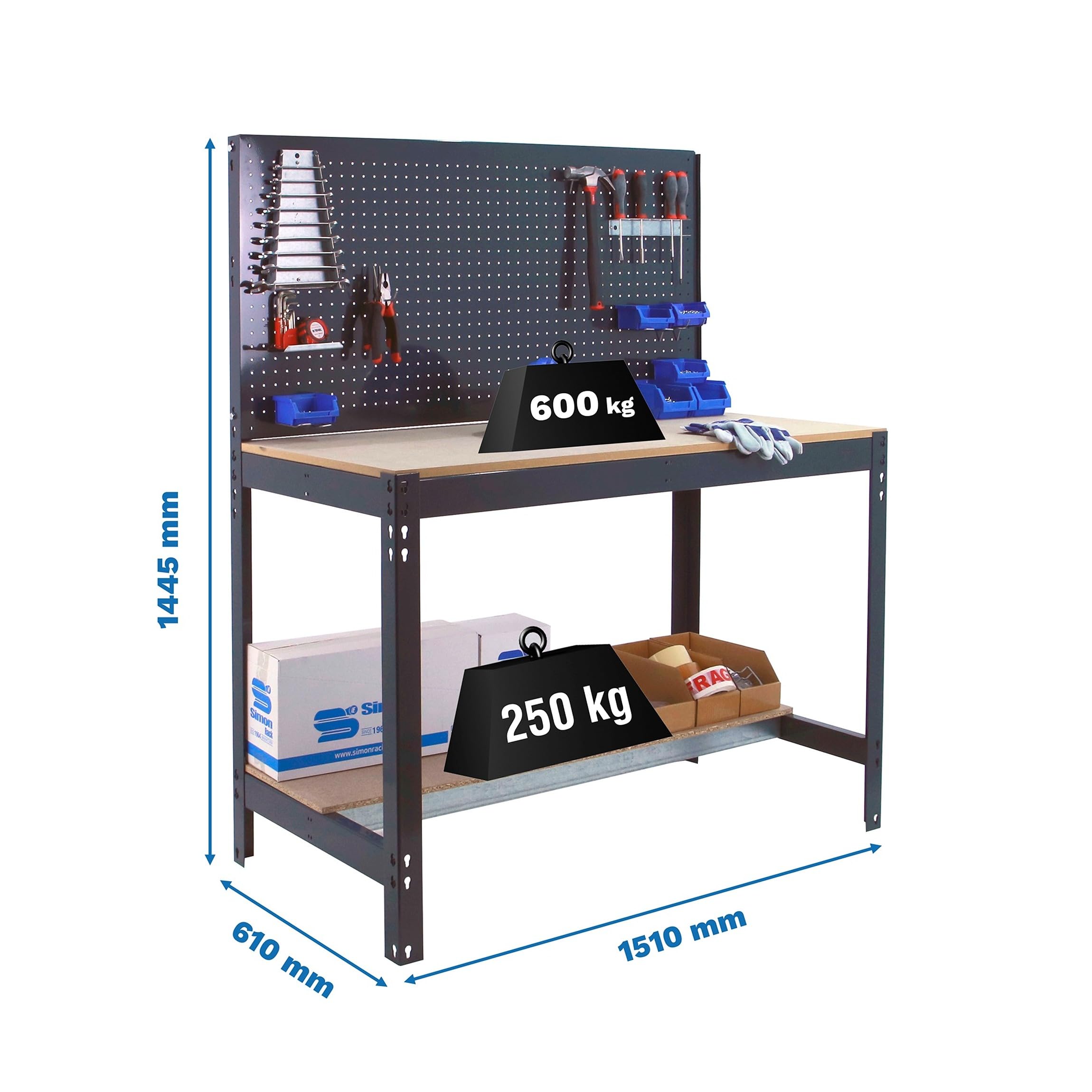 Simon Rack Banco de Trabajo con Panel Perforado 1510x610 mm - BT2 | Tablero madera 16 mm, Capacidad Carga 600 kg, Antracita , Pintura anticorrosión, Montaje sistema clic