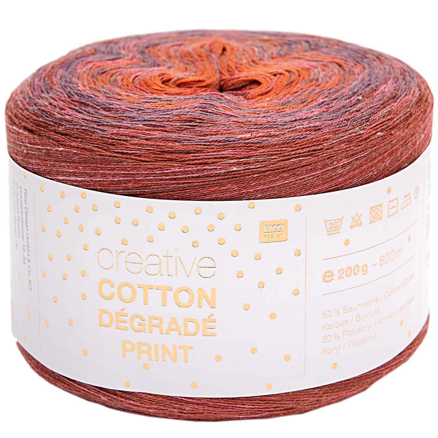 Rico Design Creative Cotton Degrade Print, Colour 004 Red/Orange, 200 g, with Knitting Instructions for One Triangular Scarf