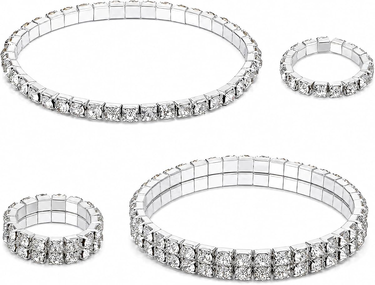 2Pcs Rhinestone Bracelet, Silver Sparkling Stretch Tennis Bangle for Women, Bling Stackable Rhinestone Jewelry for Bridal Wedding Prom Birthday Party