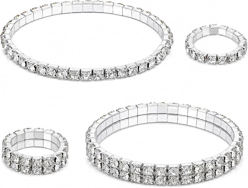 2Pcs Rhinestone Bracelet, Silver Sparkling Stretch Tennis Bangle for Women, Bling Stackable Rhinestone Jewelry for Bridal Wedding Prom Birthday Party