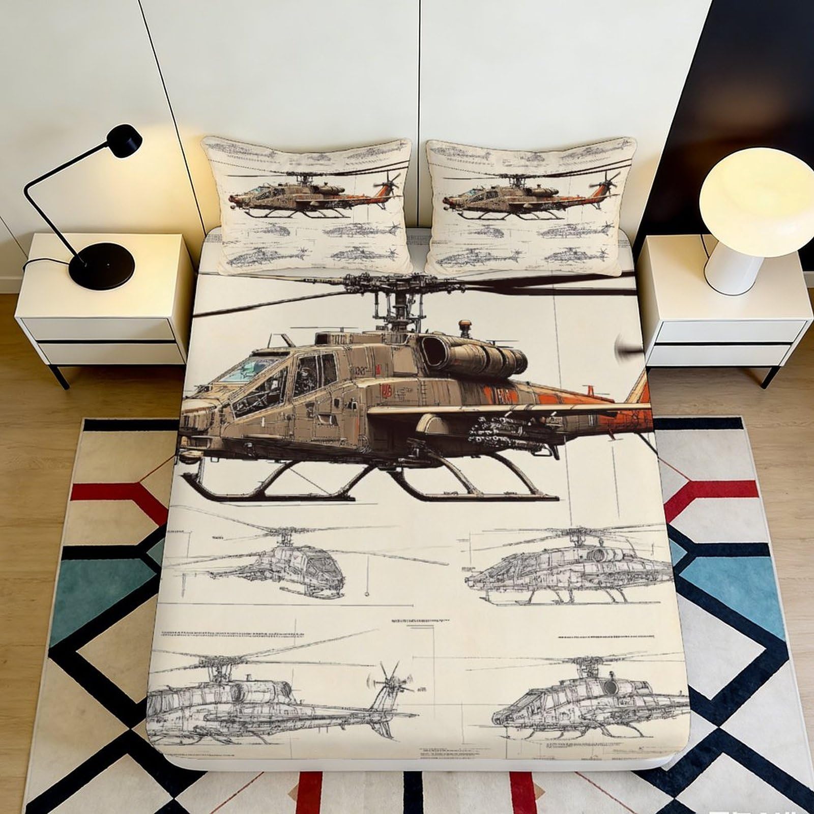 3D Printed Army Helicopter Fitted Sheet Microfiber Anti-Slip Military Aircraft Bed Cover for Bedroom Guest Room Decor 90x200x25cm
