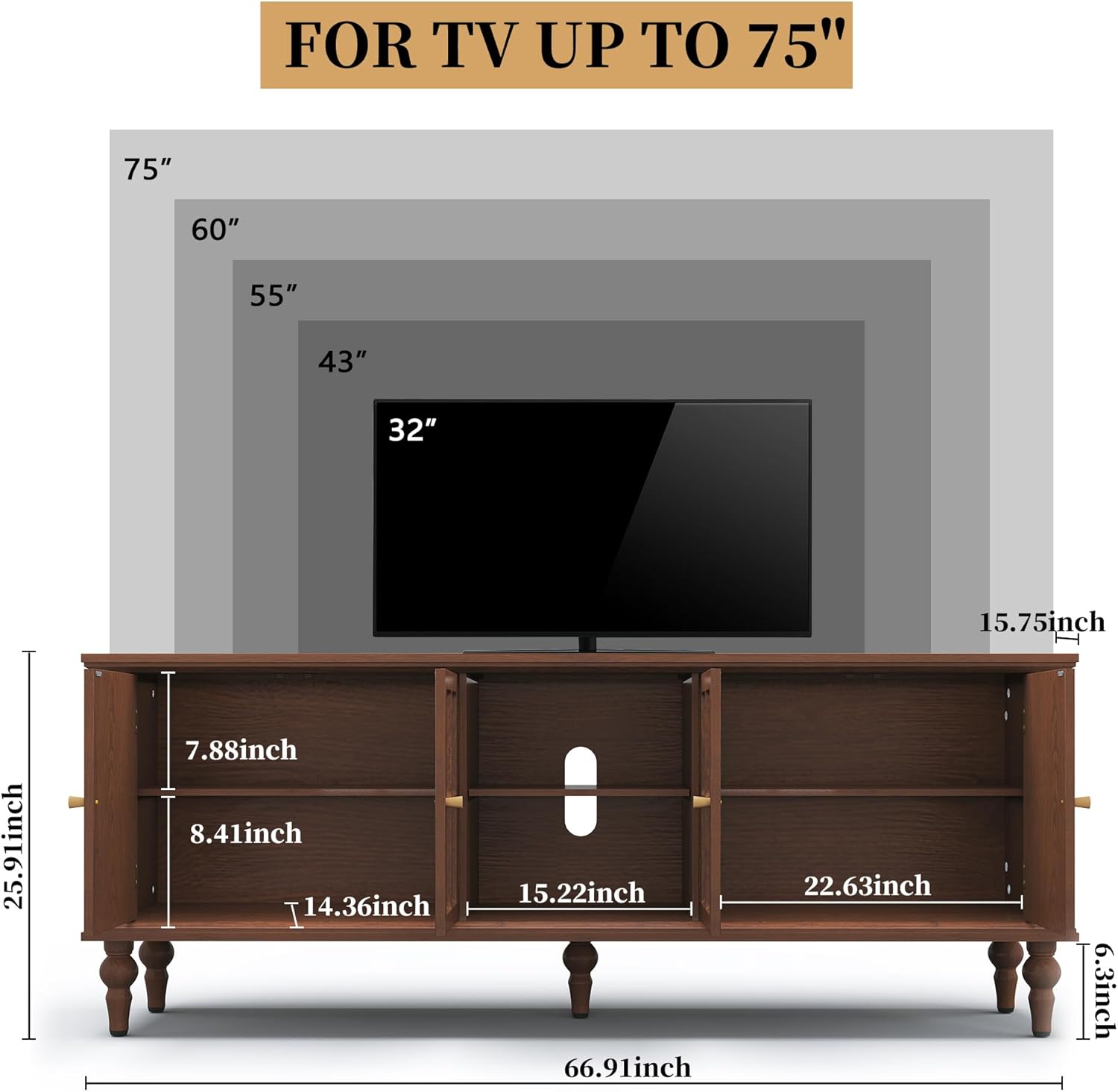 3More 67" Mid Century Modern TV Stand with Window Design,Wood Entertainment Center with Open Shelf,Up to 70" Media TV for Living Room or Bedroom,Walnut