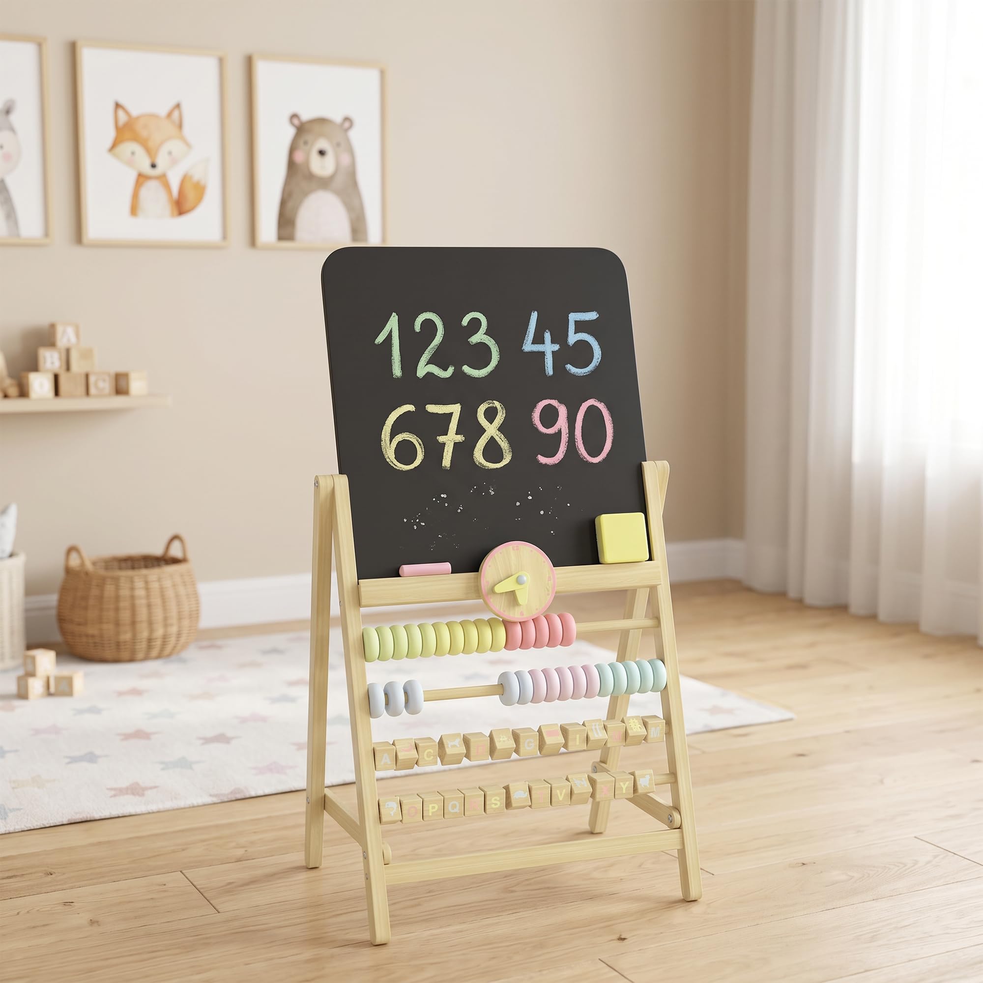AIYAPLAY Lavagna per Bambini Doppia Facciata in Legno 2+ Anni Color Legno | Cancellabile, Lavagnetta Bambini in Legno con Cavalletto, Orologio Removibile, Abaco Integrato, Cancellino