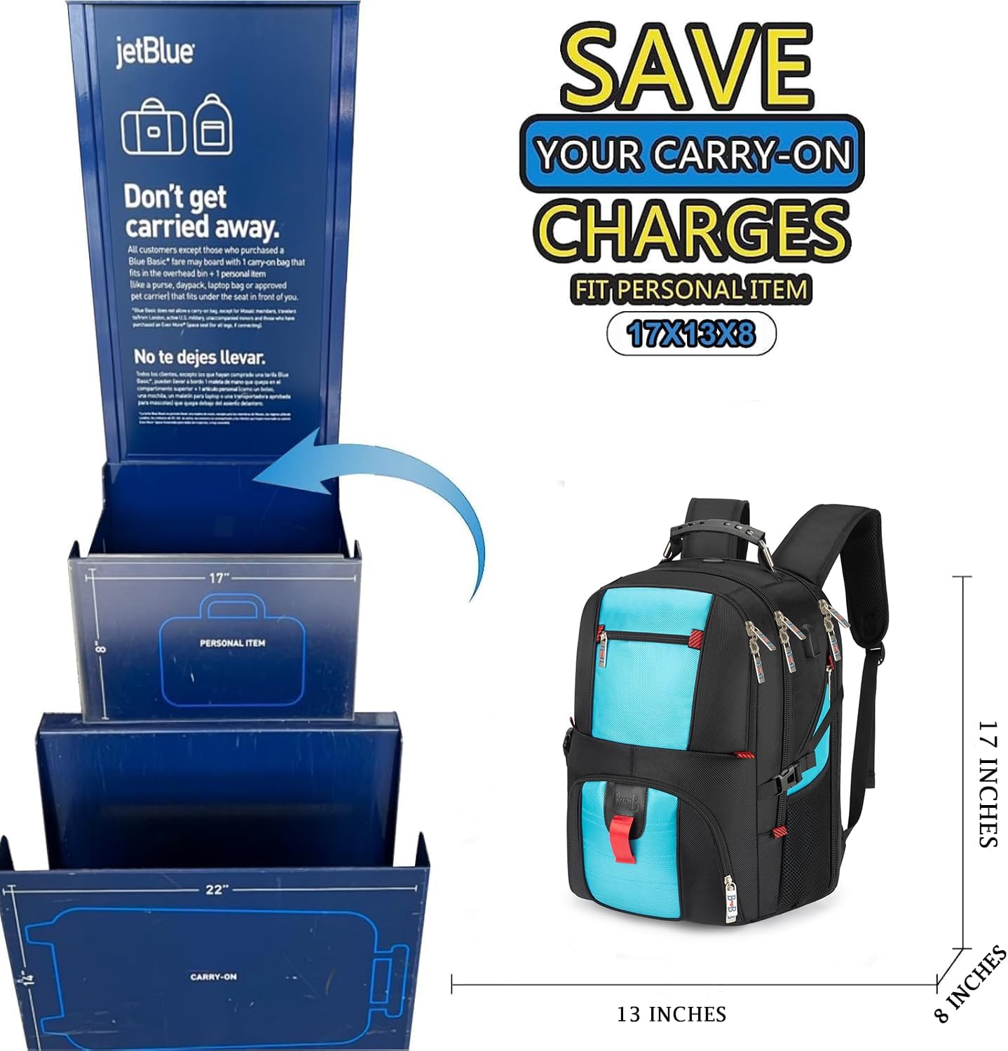 17x13x8 Inches Laptop College Travel Backpacks for Men Women, Under-Seat Backpack for JetBlue, Spirit (Blue)
