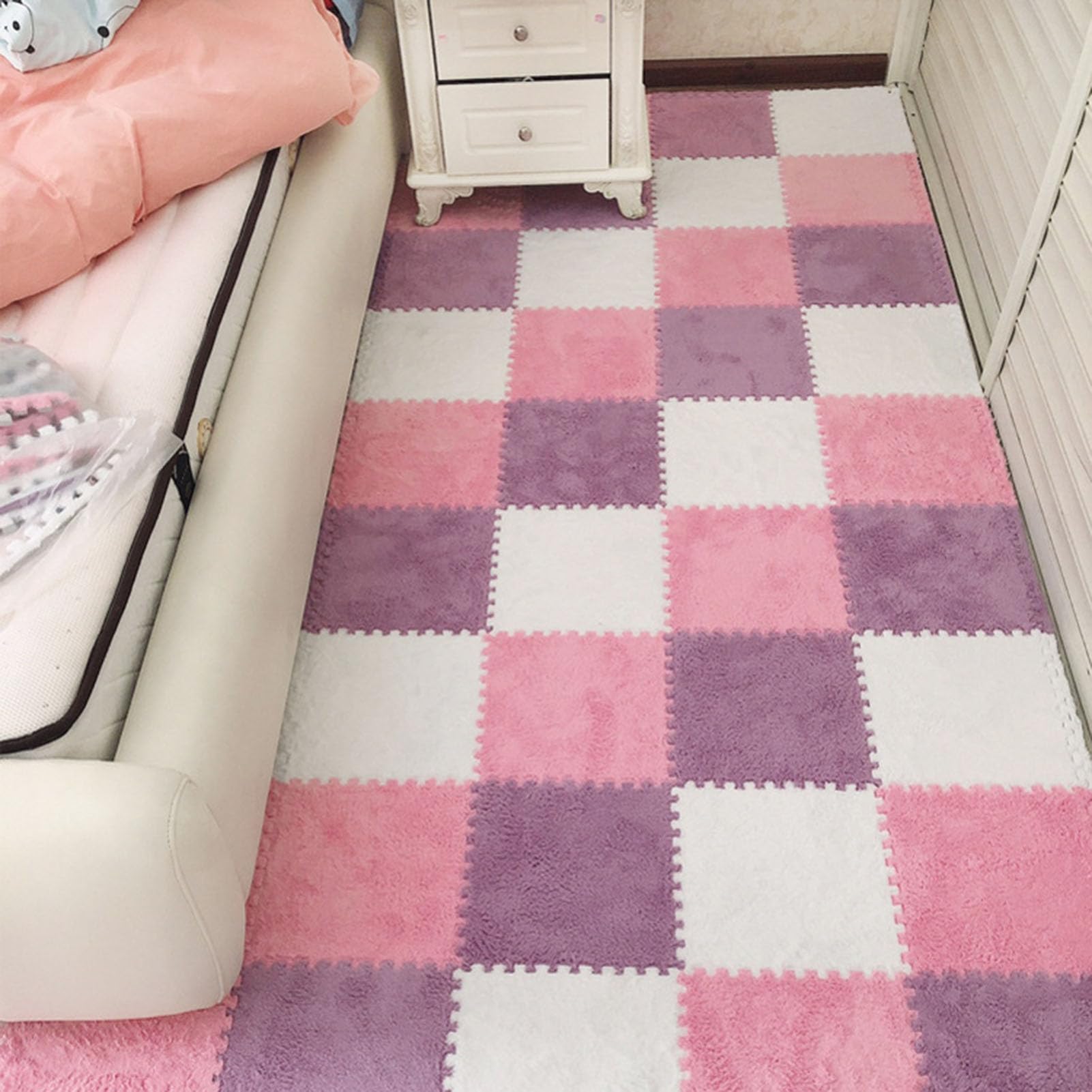 Splice Interlocking Carpet 150 Tappetini in Schiuma ad Incastro, Tappeti per Pavimenti, Tappeti Quadrati in Schiuma, Tappetini Antiscivolo per Soggiorno in Schiuma,White+Pink+Purple-One Size