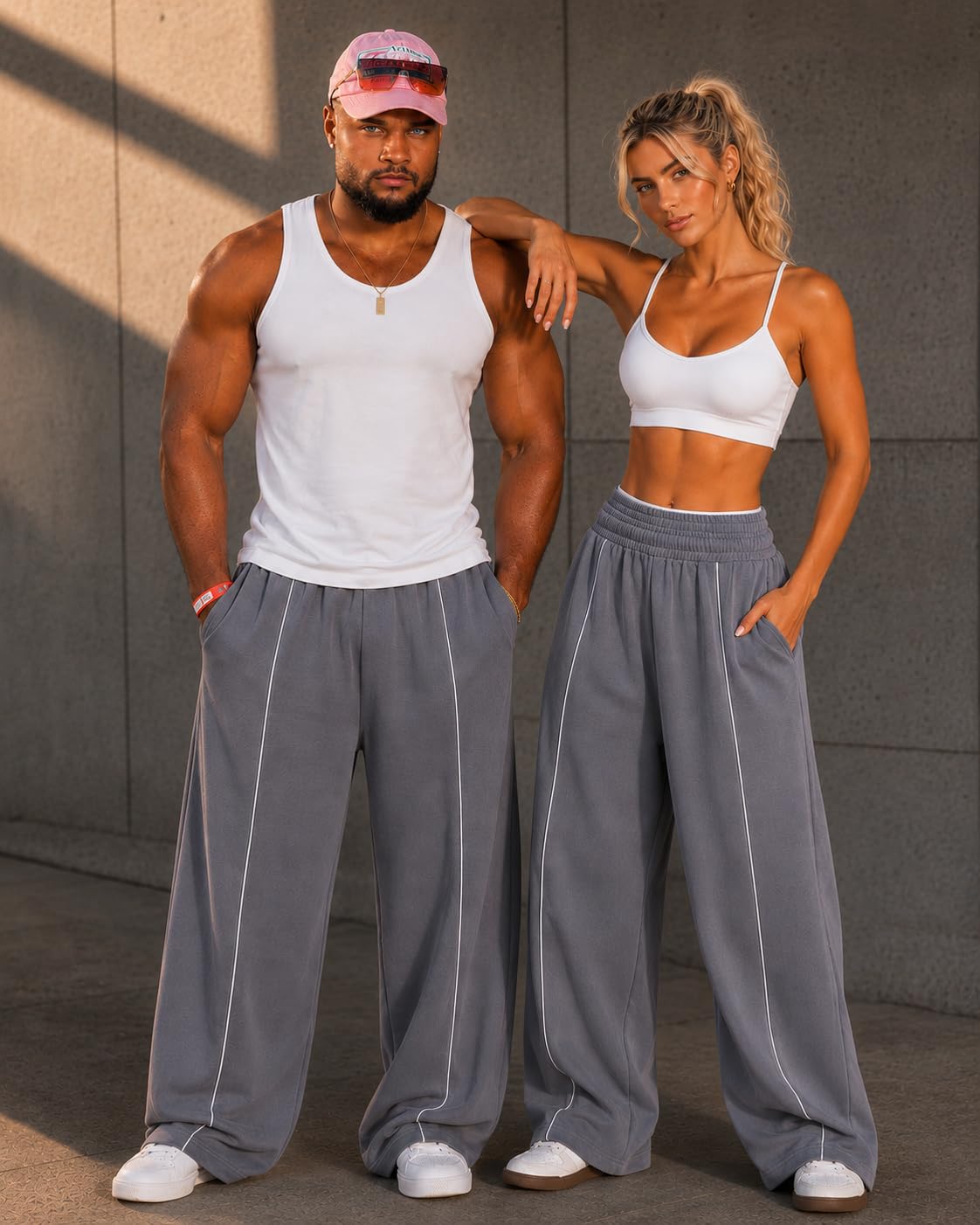 MotionClub x Teveho Wide Leg Jogger Damen High Waist Jogginghose Oversize Sweatpants Loungehose Freizeithose Fitnesshose mit Taschen Sommer Athleisure Streetwear Loose Fit