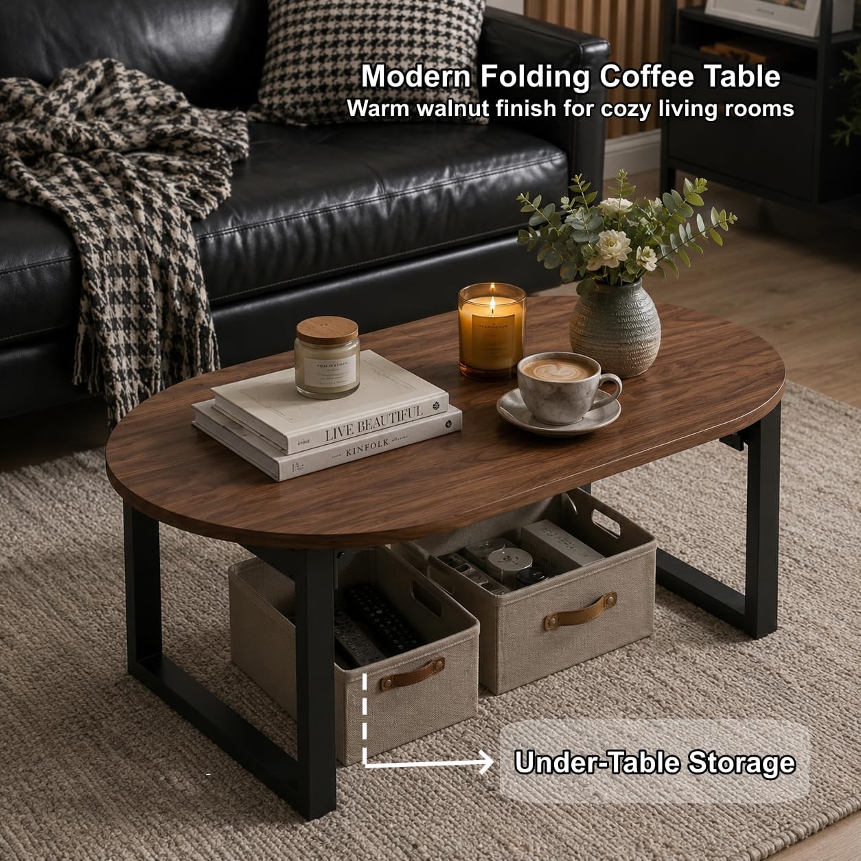 Walnut Folding Low Coffee Table for Small Spaces, Living Room,35inch Brown | No Assembly Required, Supports 240 lbs, Portable,Sturdy & Stable, Water-Resistant, Scratch-Resistant, Easy Storage, low