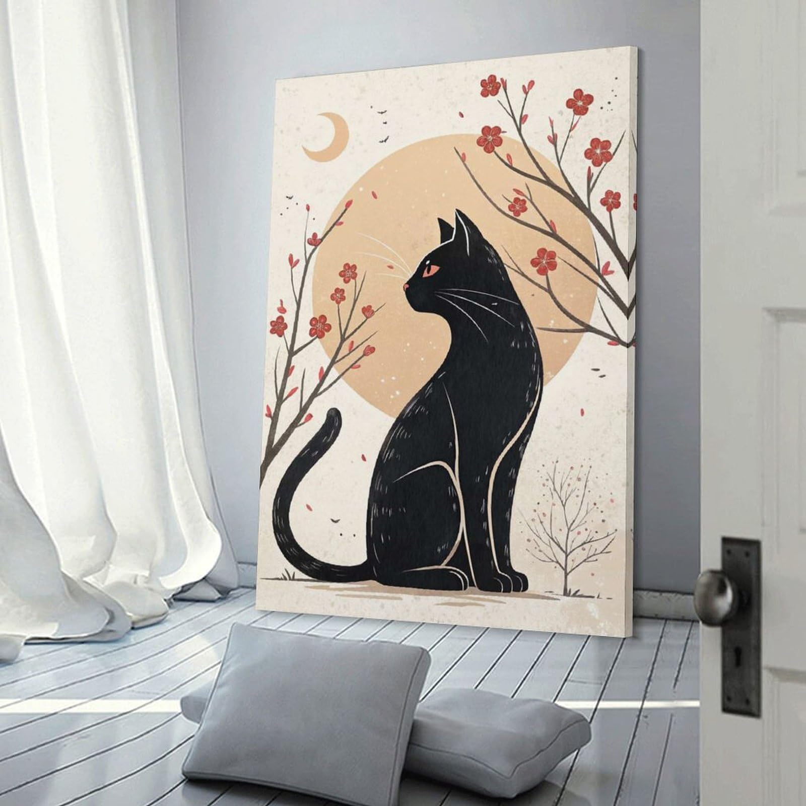 Junmoney Black Cat with Cherry Blossoms Canvas Wall Decor 24x36inch(60x90cm), for Home Lounge, Bedroom Or Reading Nook, A Home Accent with Warm Character