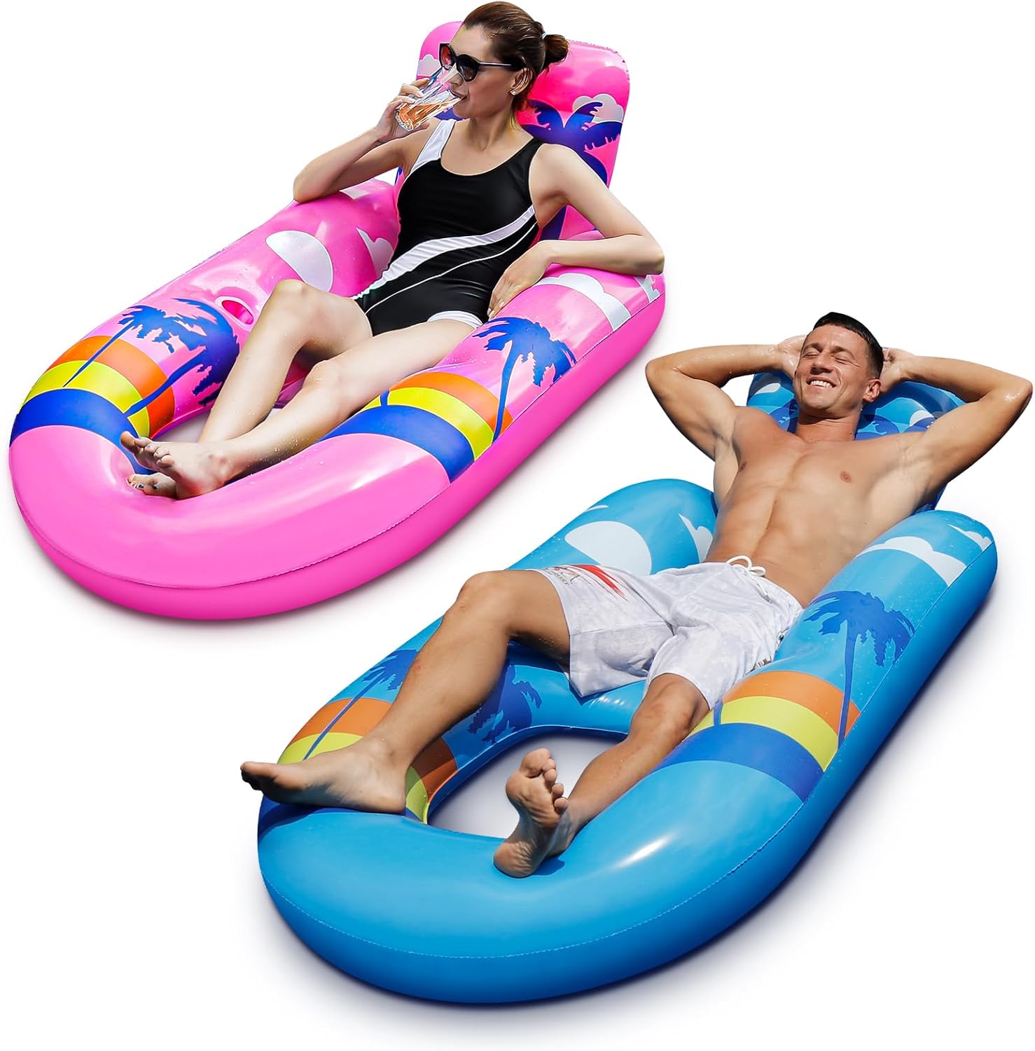 2 Pack Pool Floats Adult Heavy Duty-Adult Pool Float Lounger with Cup Holders, Backrest & Footrest Pool Lounge Float Pool Floaties Rafts for Beach Lake Party(Light Blue-Pink)