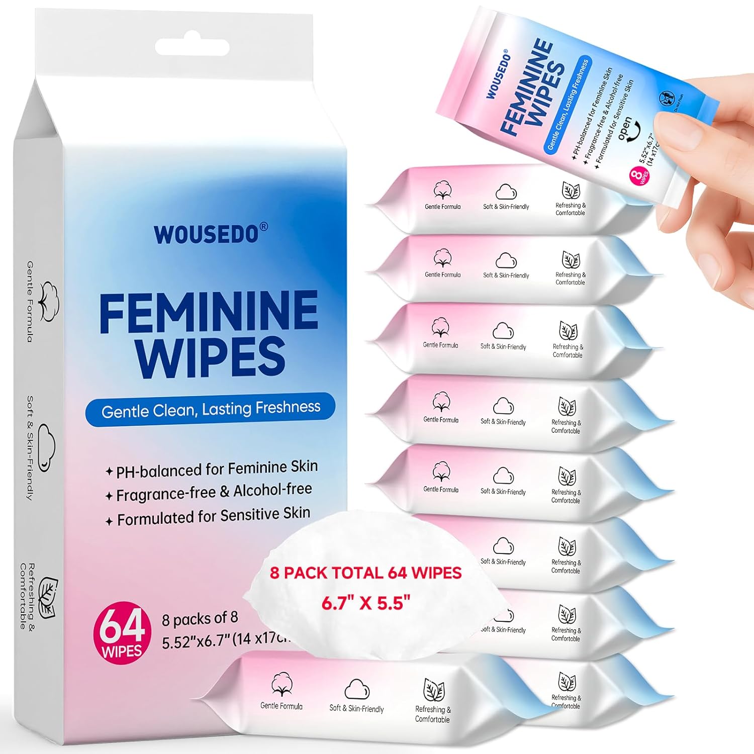 Feminine Wipes for Women, Impossibly Compact Travel Mini Packs, pH Balanced Unscented Hypoallergenic Alcohol-Free, Period Friendly Private Care for Teens & Women – 8 Pack Total 64 Wipes