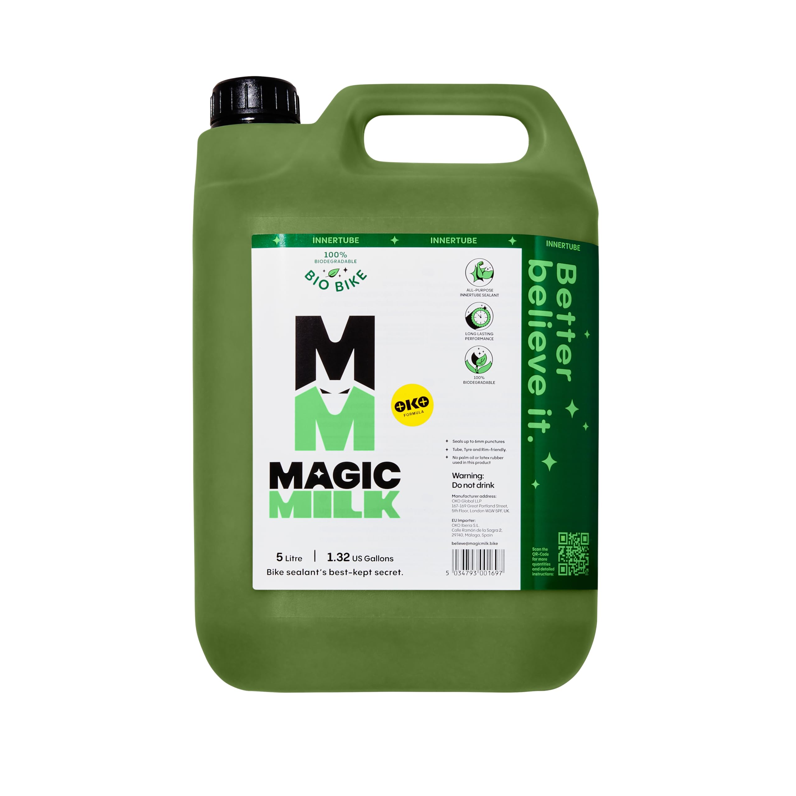 Magic Milk Innertube Biobike Tyre Sealant for Bikes 5L – Biodegradable Formula – Seals Punctures up to 6mm – CO2 Cartridge Compatible