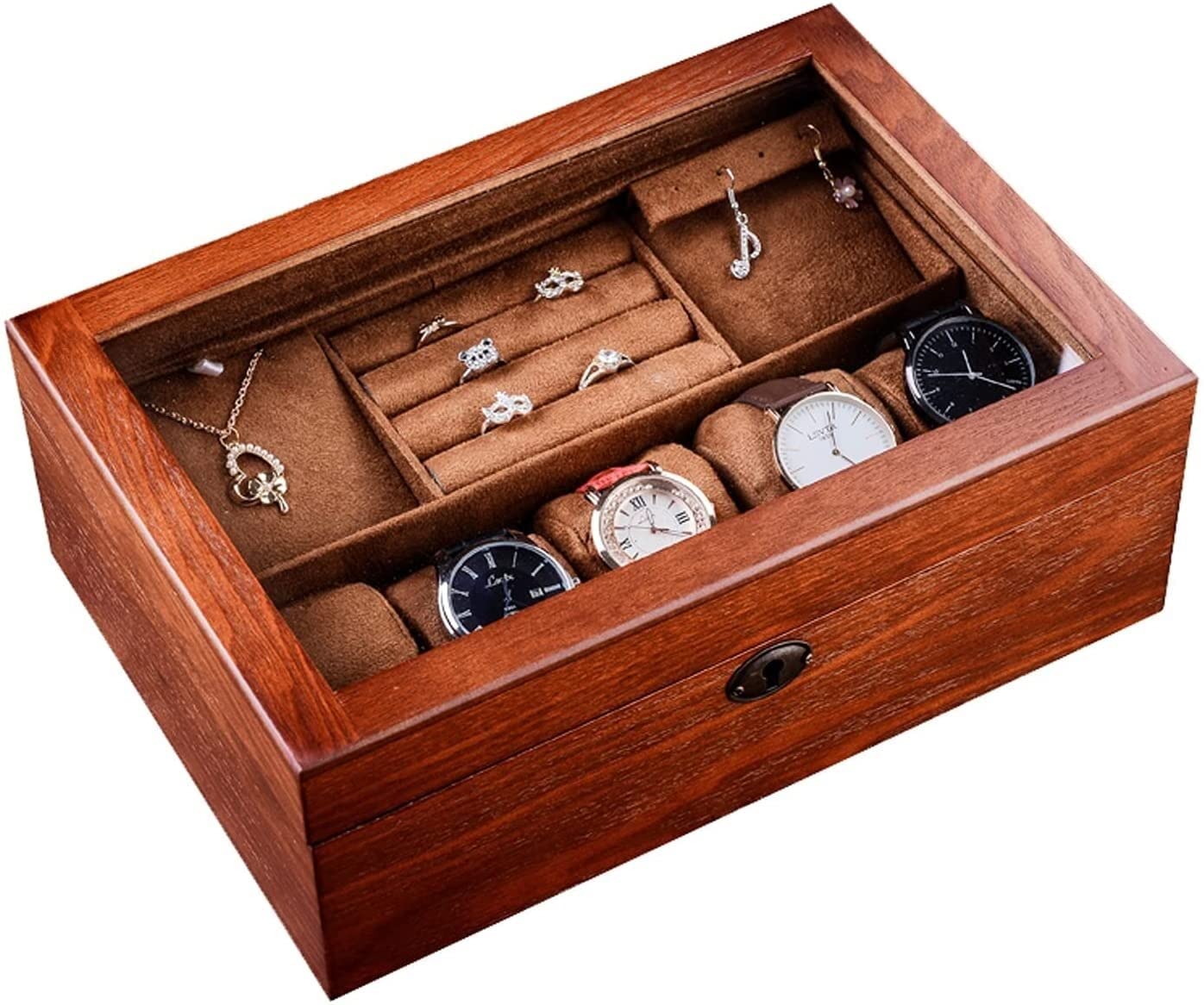 YNIYUJKL Jewelry Box Wooden Jewelry Organizer Boxes For Women Portable Vintage Jewelry Case With Transparent Skylight Large Capacity Watch Storage Case For Necklaces Earrings Watc