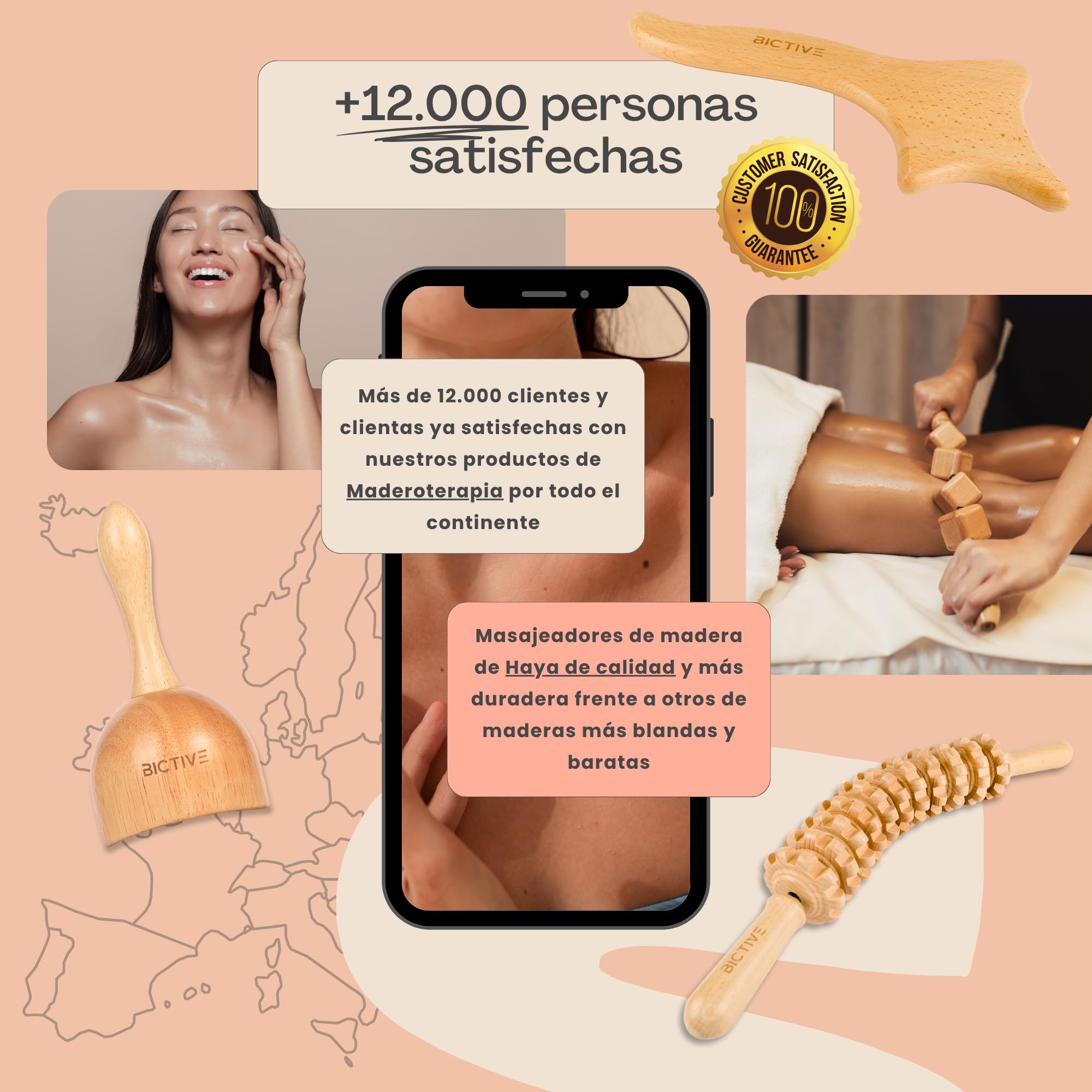 Kit Maderoterapia Corporal 4 en 1 Calidad Profesional. Masajeador Celulitis, Drenaje Linfatico Piernas y Abdomen. Rodillo, Copa, Pala y Cinturón de Maderoterapia para Masaje. Madera de Haya.